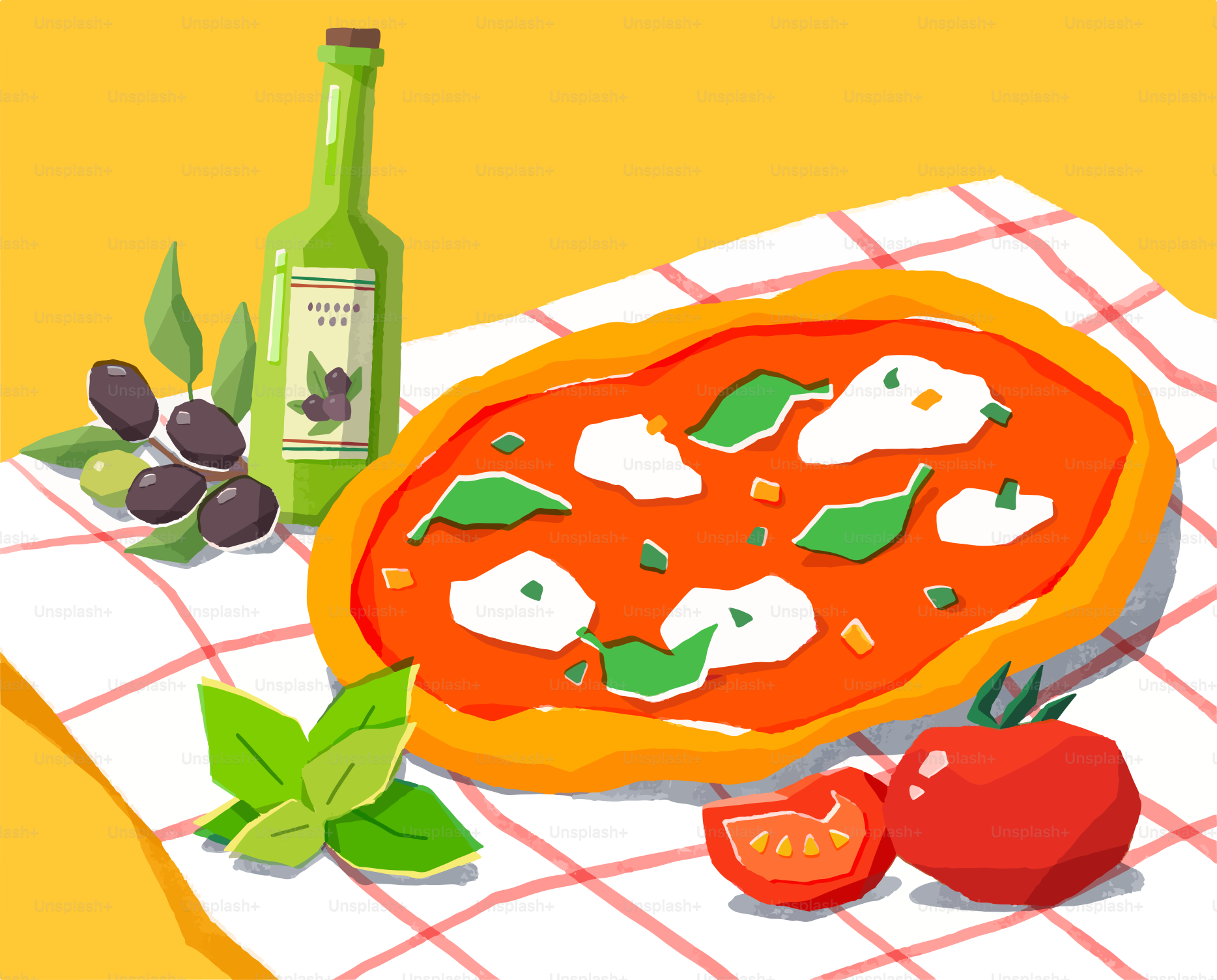 A pizza sitting on top of a table next to a bottle of wine