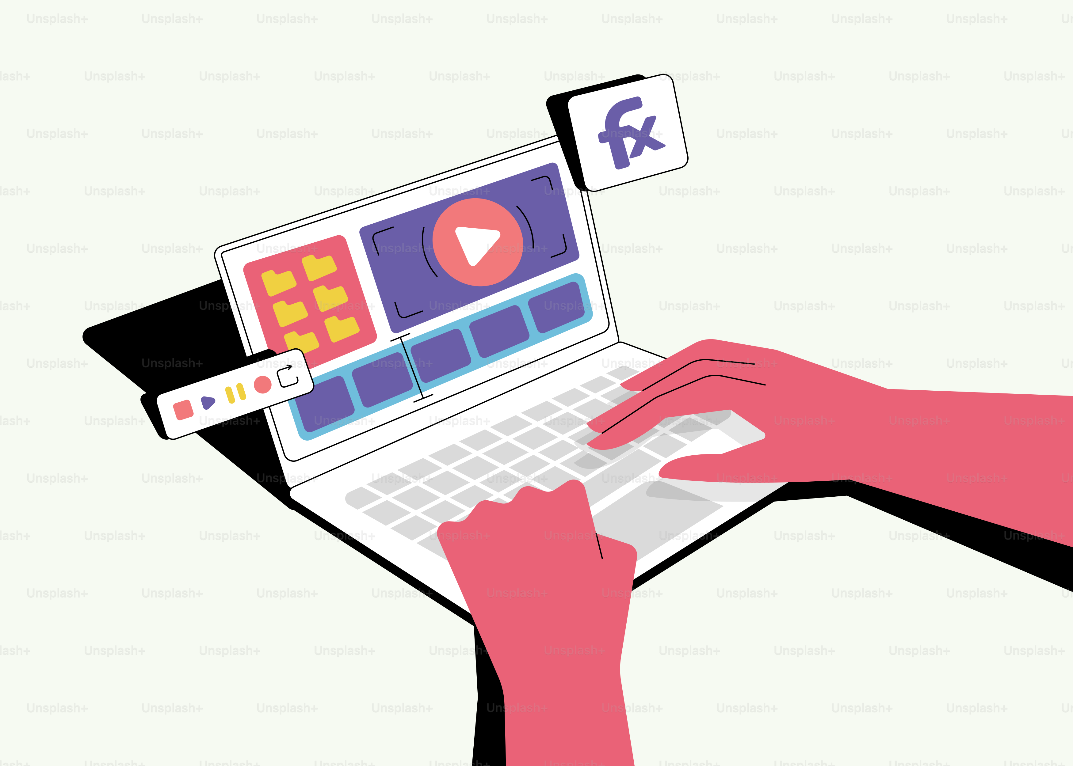 A person holding a laptop with a video play button on the screen