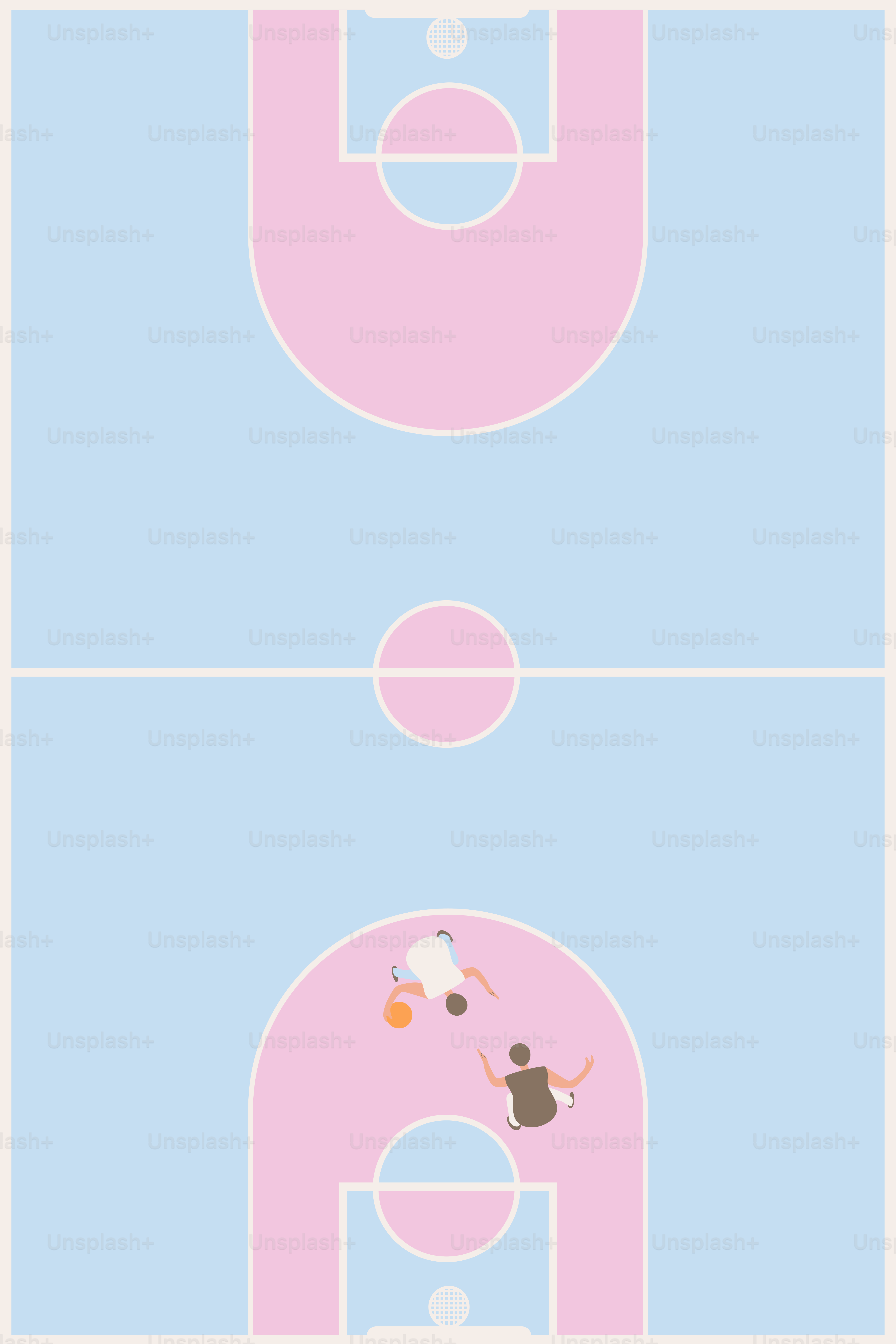 A pink and blue basketball court with a person on it