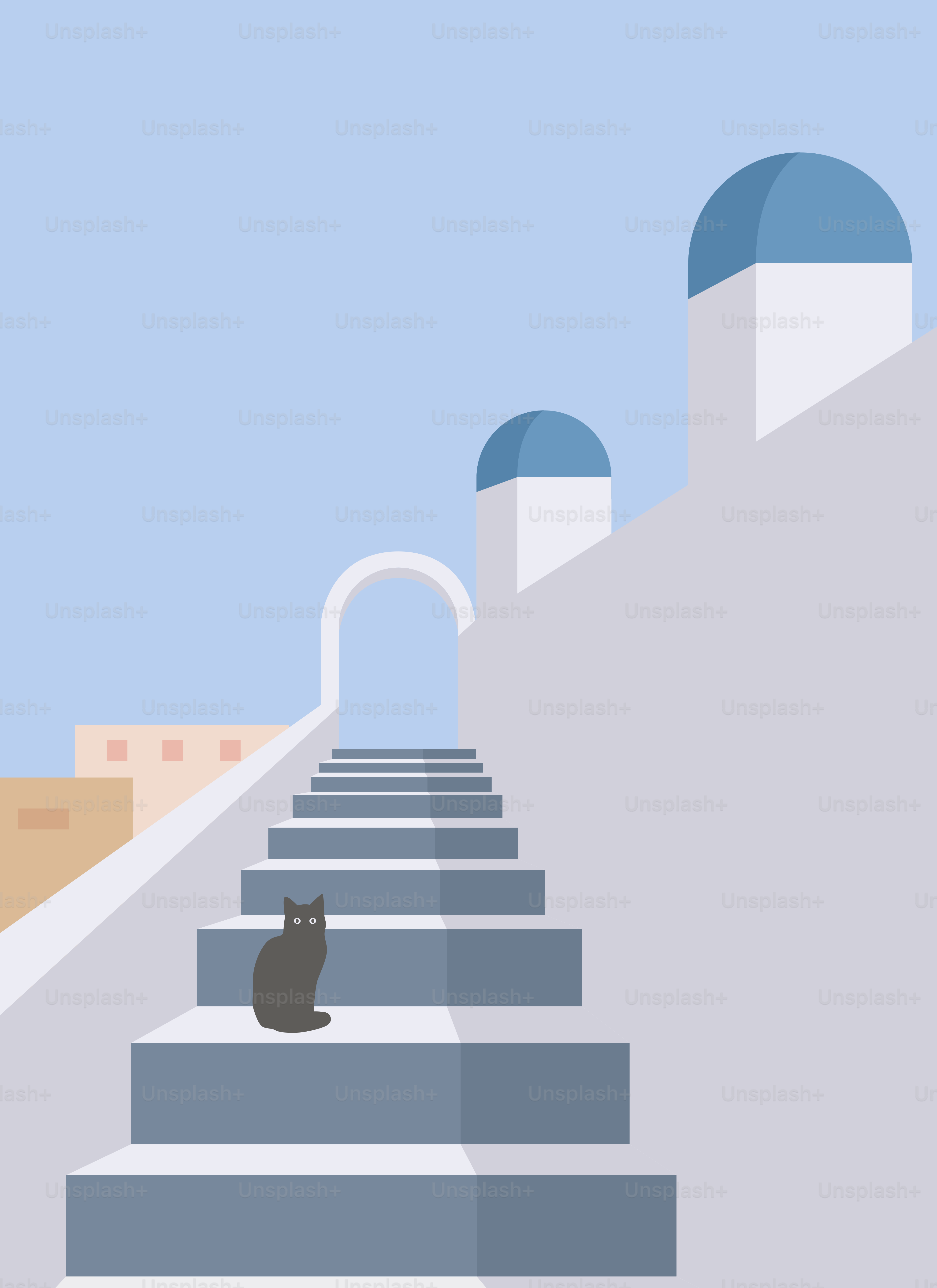 고양이 한 마리가 계단에 앉아 있다