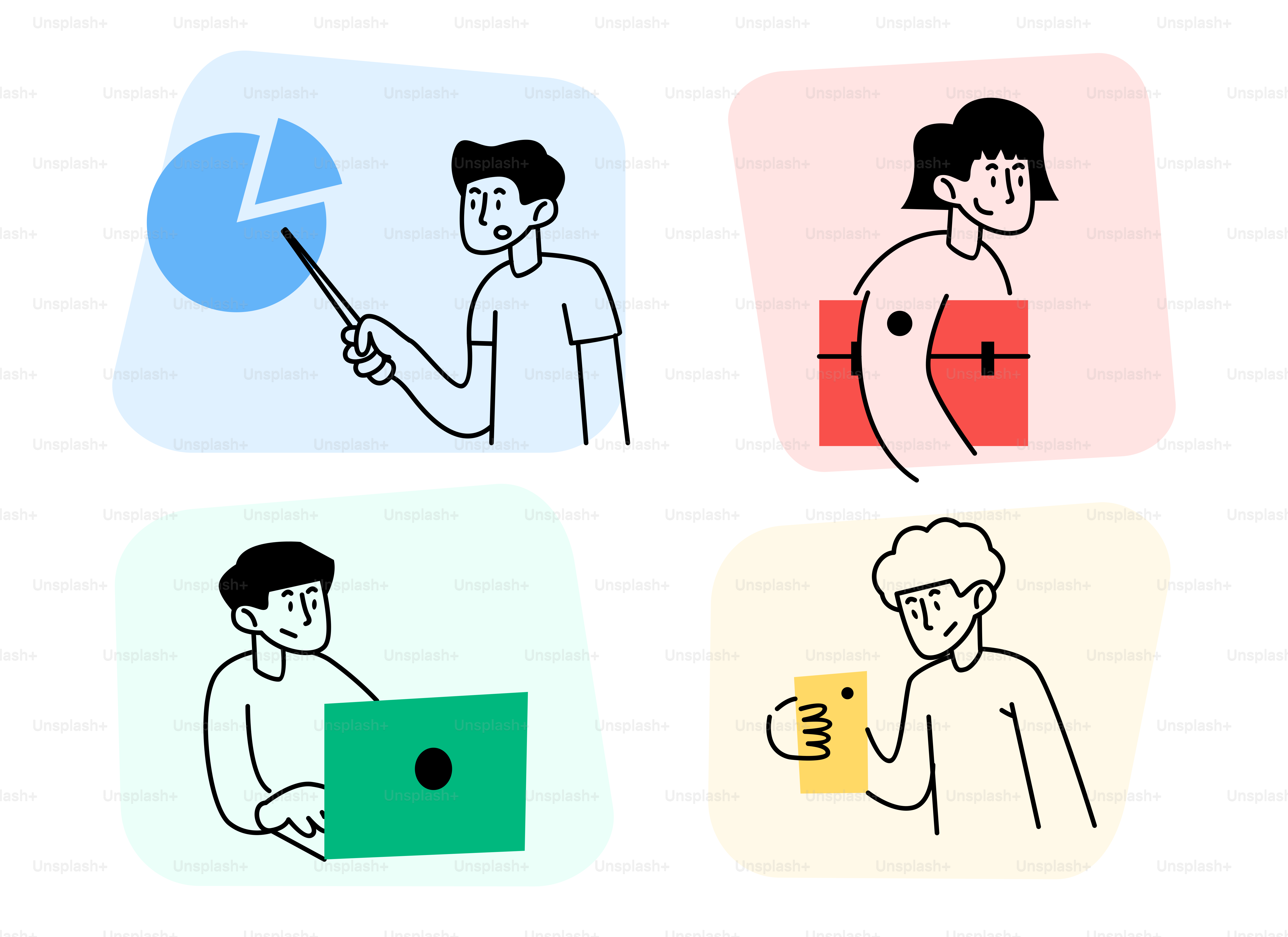 A set of four icons depicting people working on their laptops