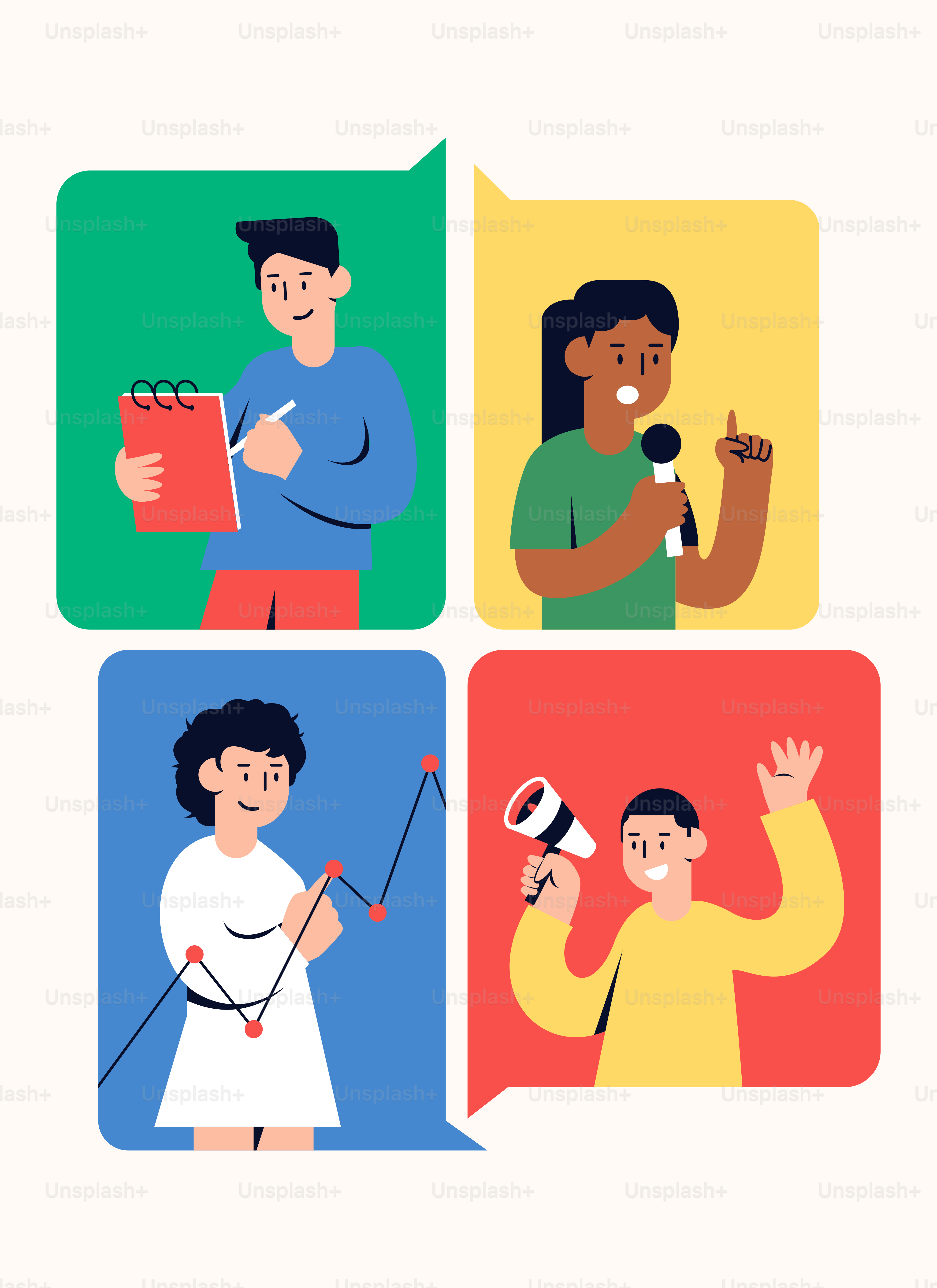 Eine Gruppe von Menschen mit verschiedenen Sprechblasen