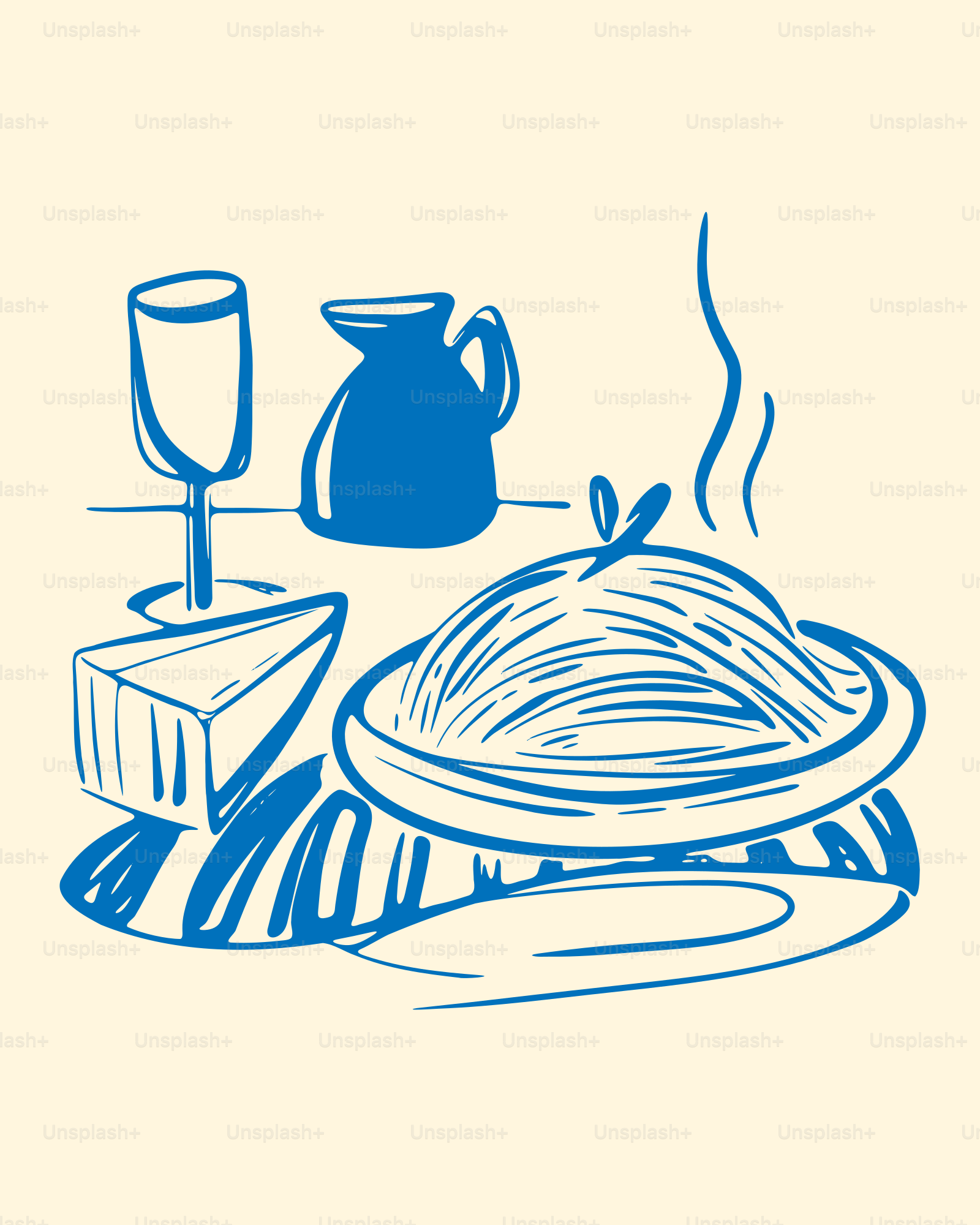 Eine Zeichnung eines Tellers mit Essen und eines Glases Wein