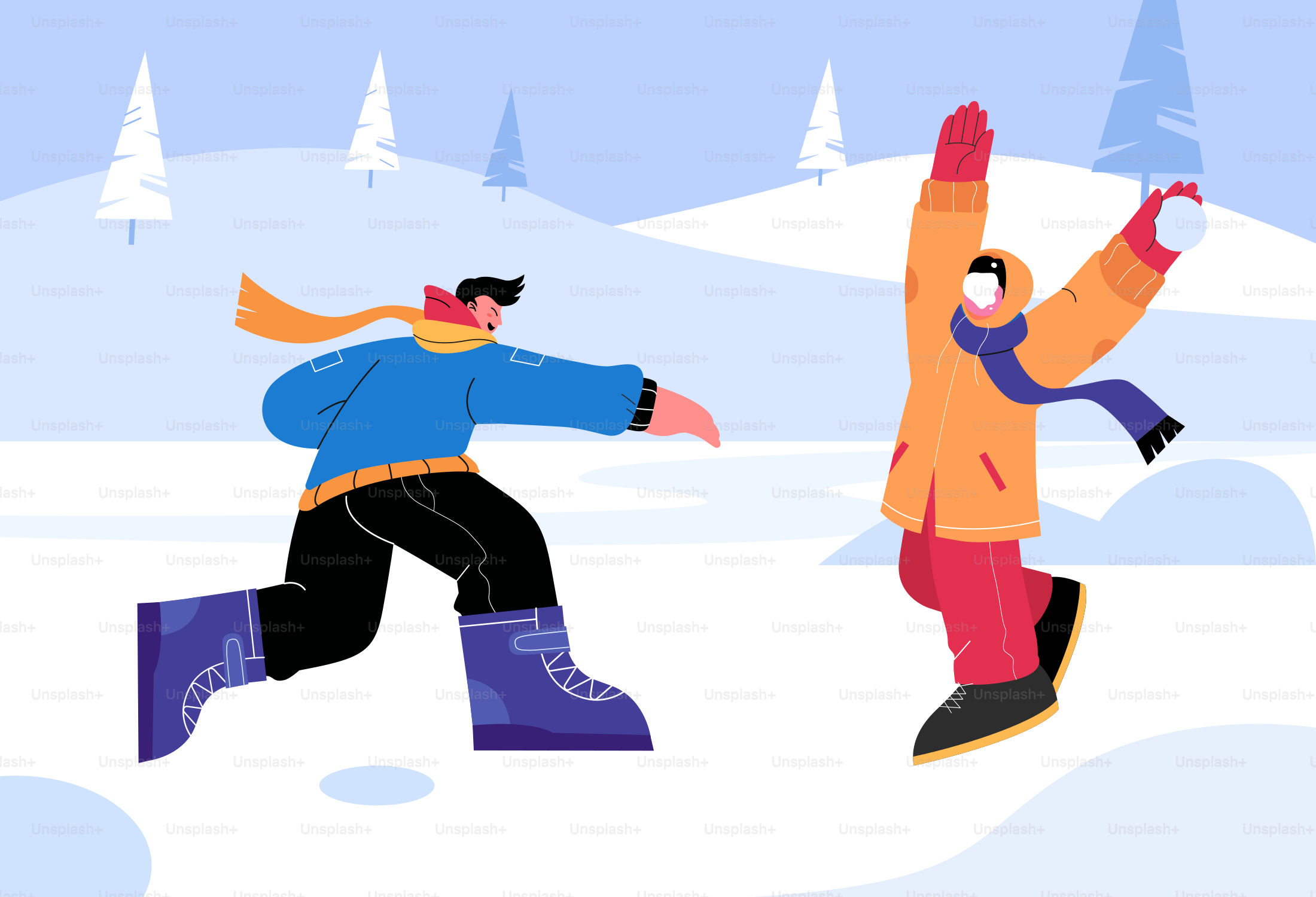 A couple of people riding skis down a snow covered slope