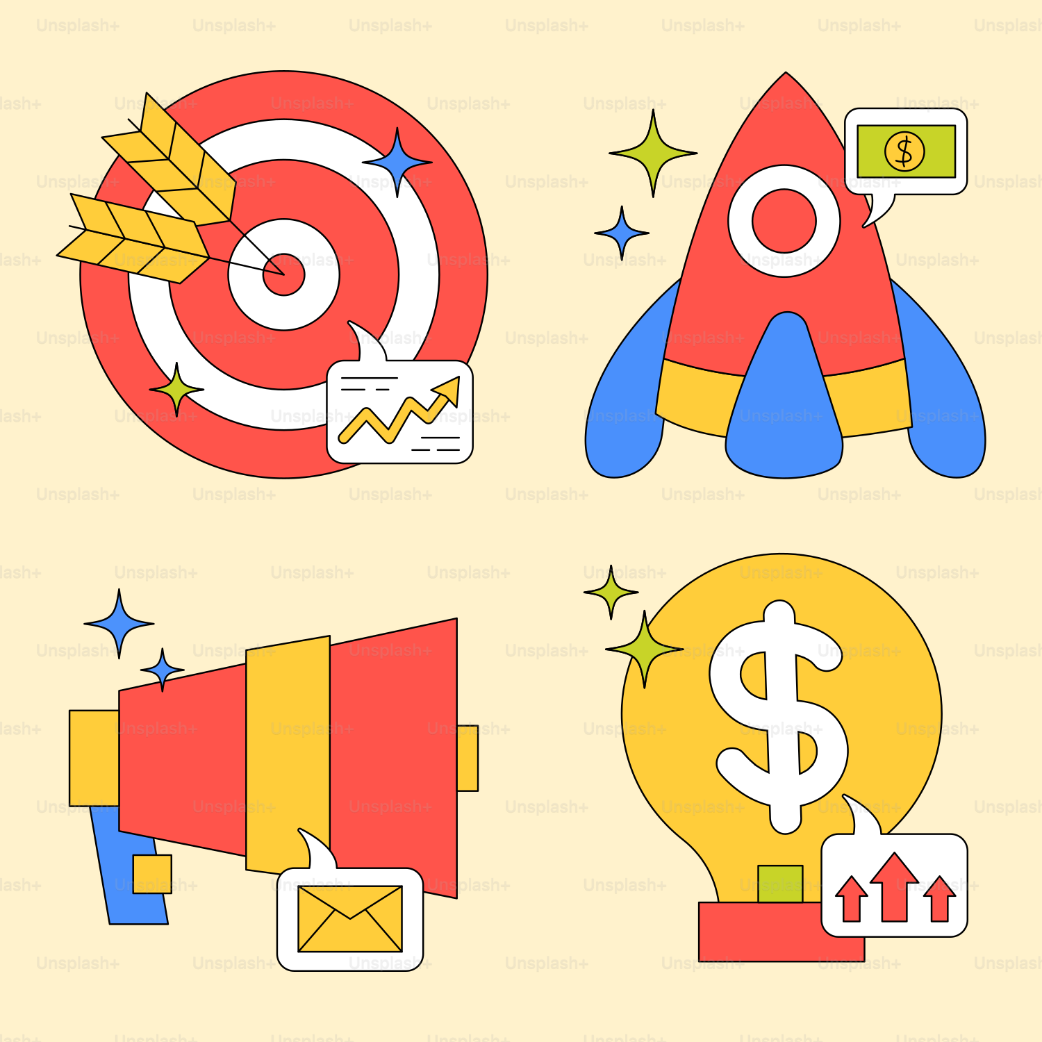 A collection of colorful icons including a rocket ship, a dollar sign, and a