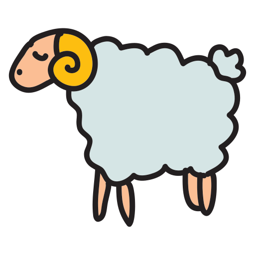 A white sheep with a yellow horn on it's head