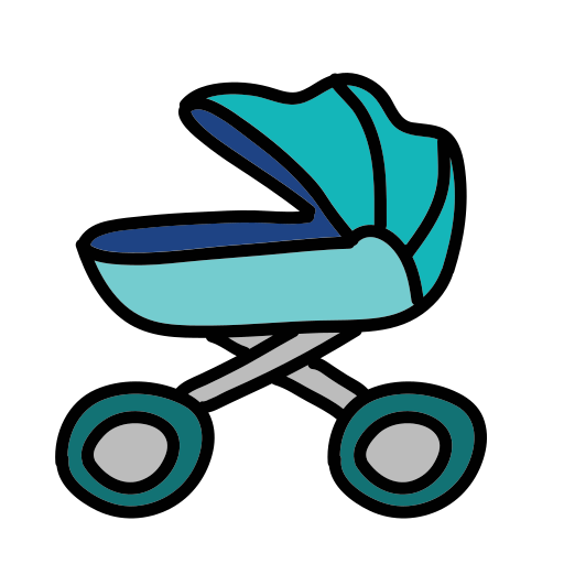 A blue stroller with wheels on a white background