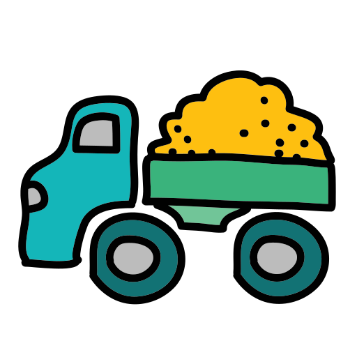 A blue truck with a yellow substance in the bed