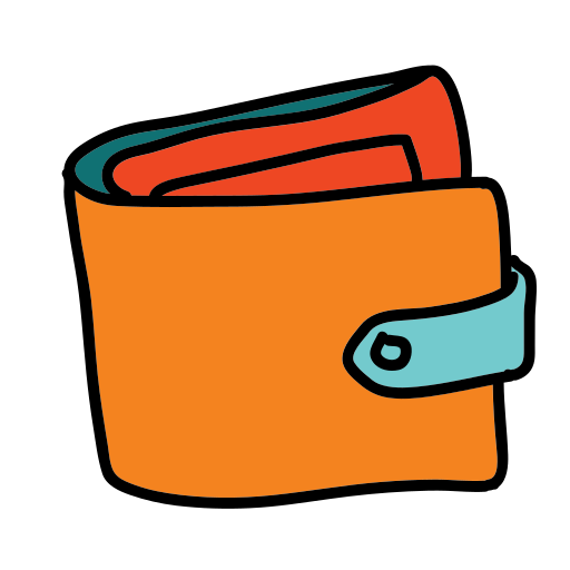 An orange wallet with a blue strap
