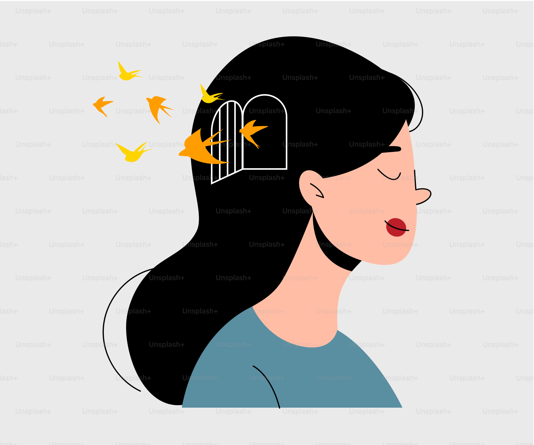 A woman with a birdcage on her head