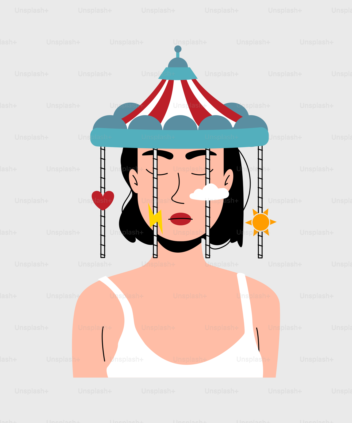 Seorang wanita dengan topi badut di kepalanya