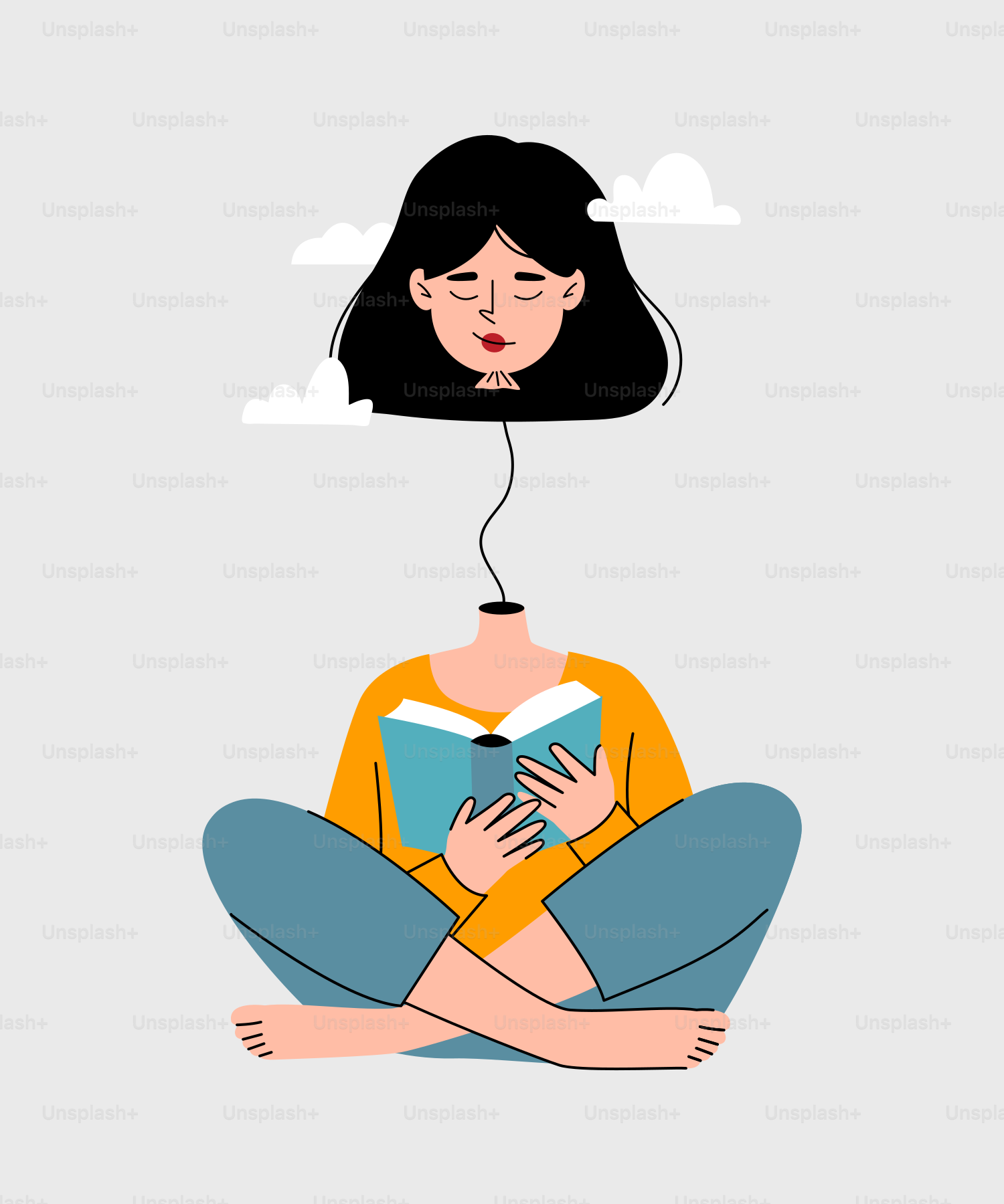 A woman sitting on the floor reading a book with a thought bubble above her head