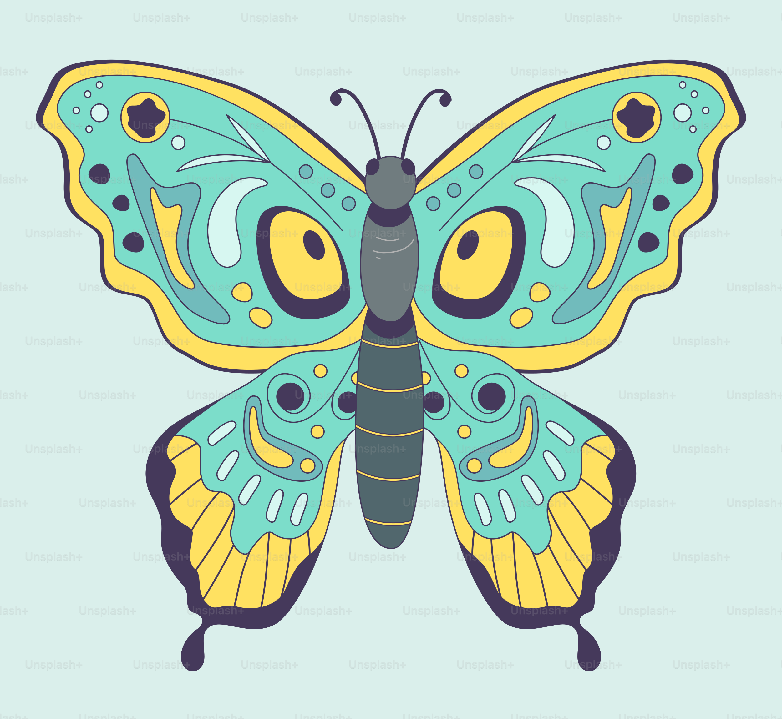 Una mariposa azul y amarilla sobre un fondo azul
