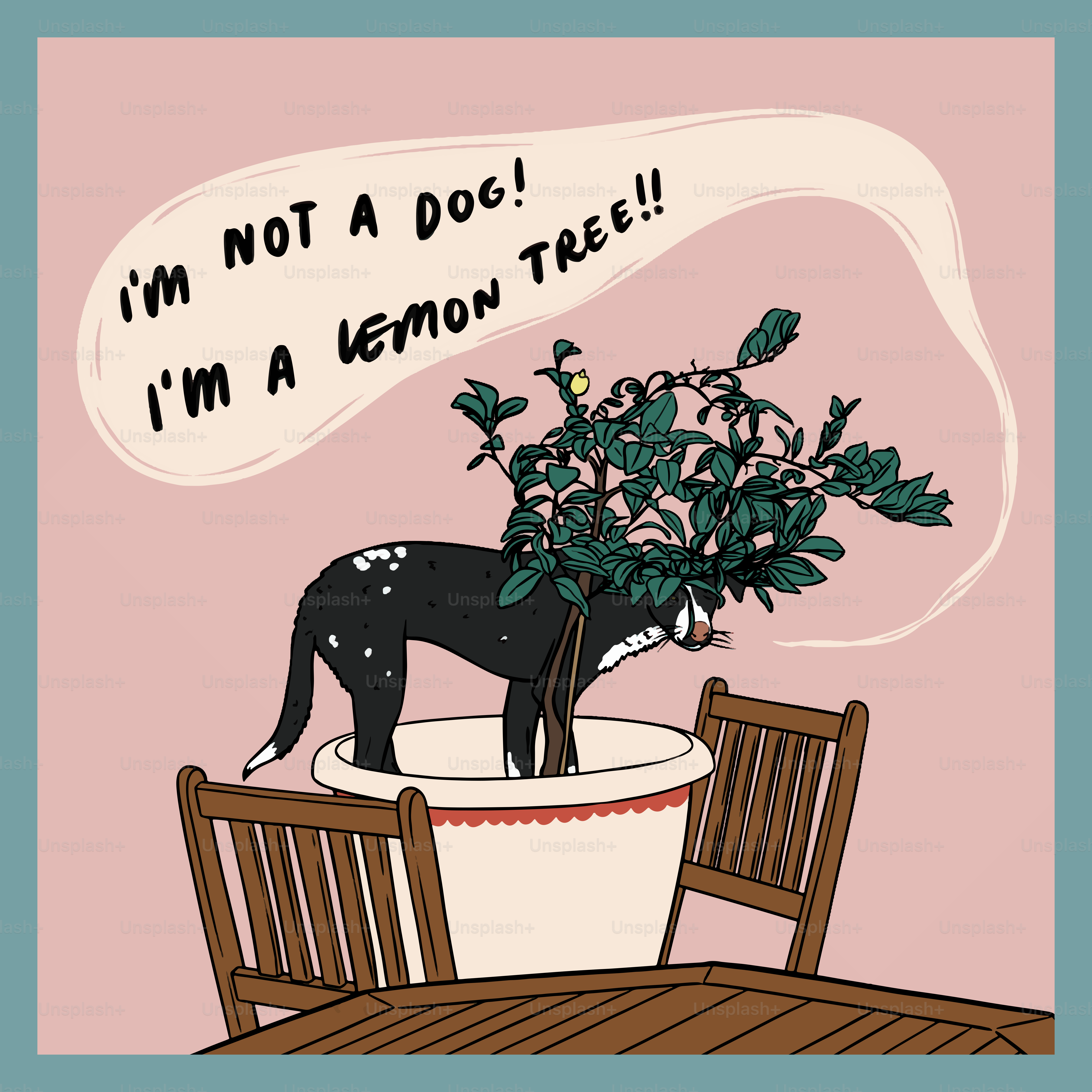 A card with a picture of a dog in a flower pot with a thought bubble