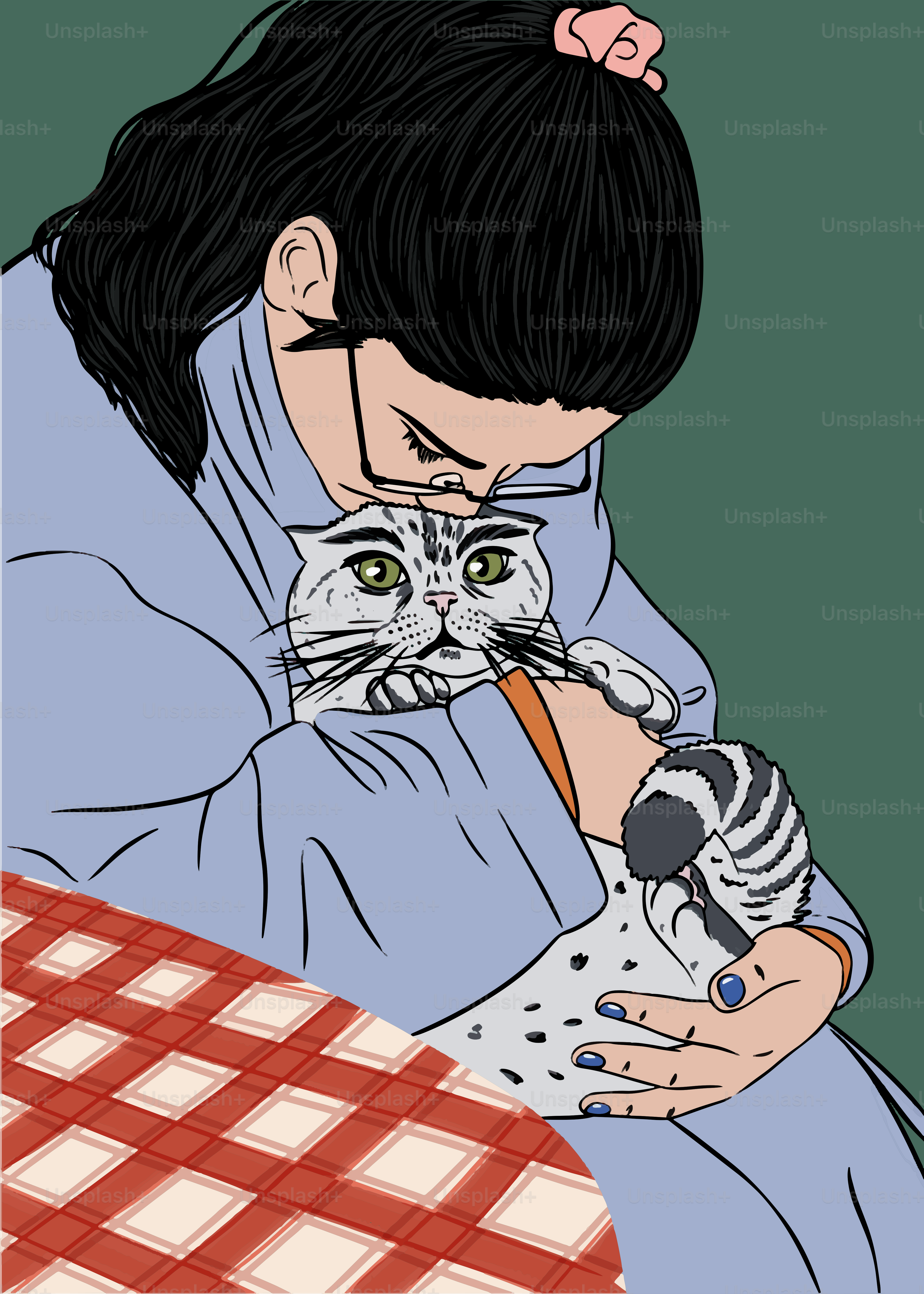 A drawing of a woman holding a cat