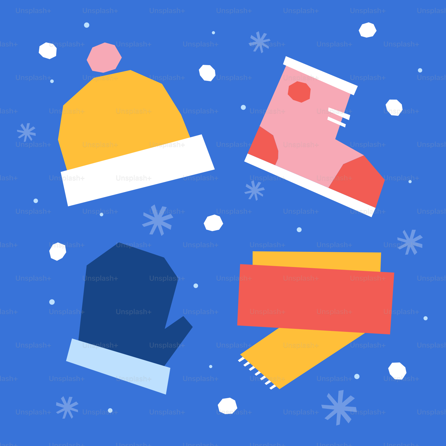 Un chapeau, des moufles, des gants et une écharpe sur fond bleu