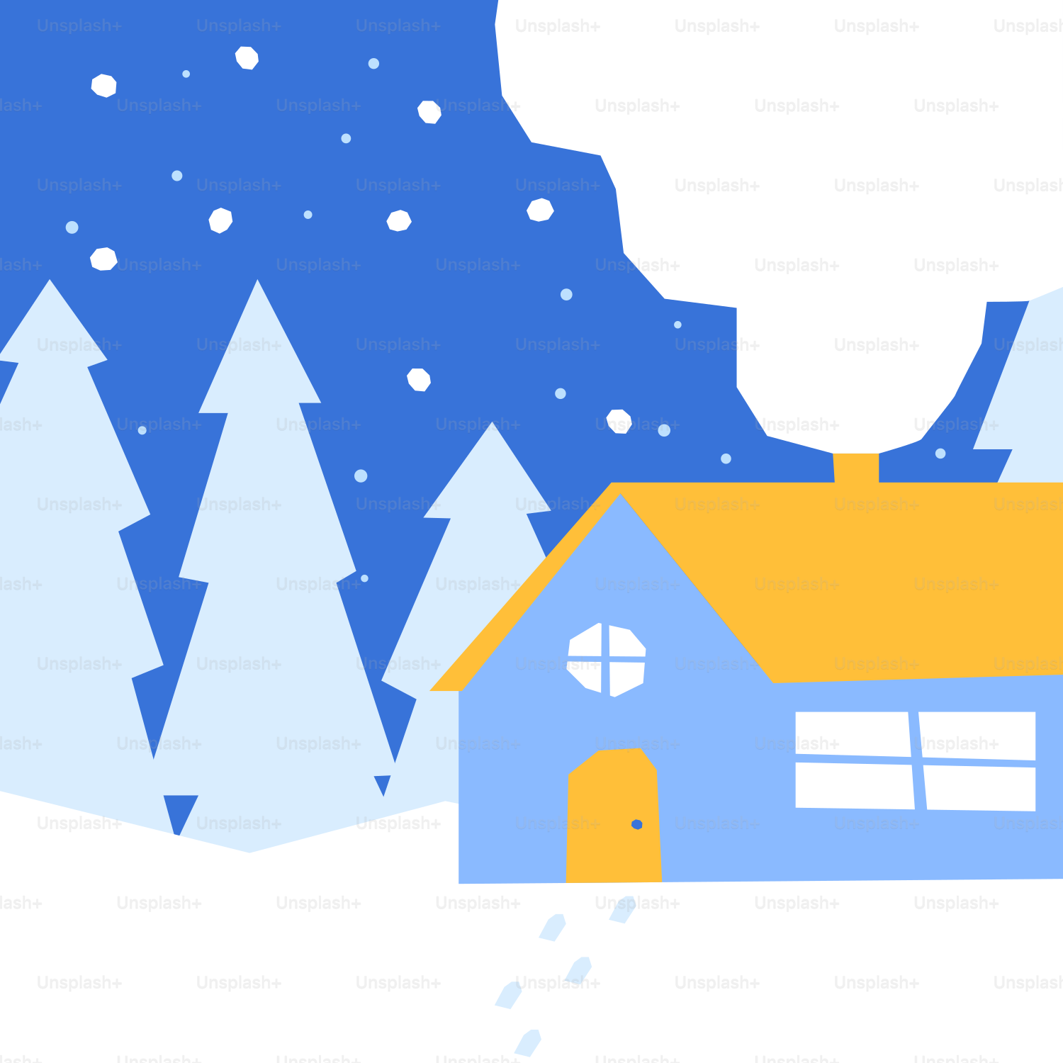 Une maison dans la neige avec un nuage au-dessus