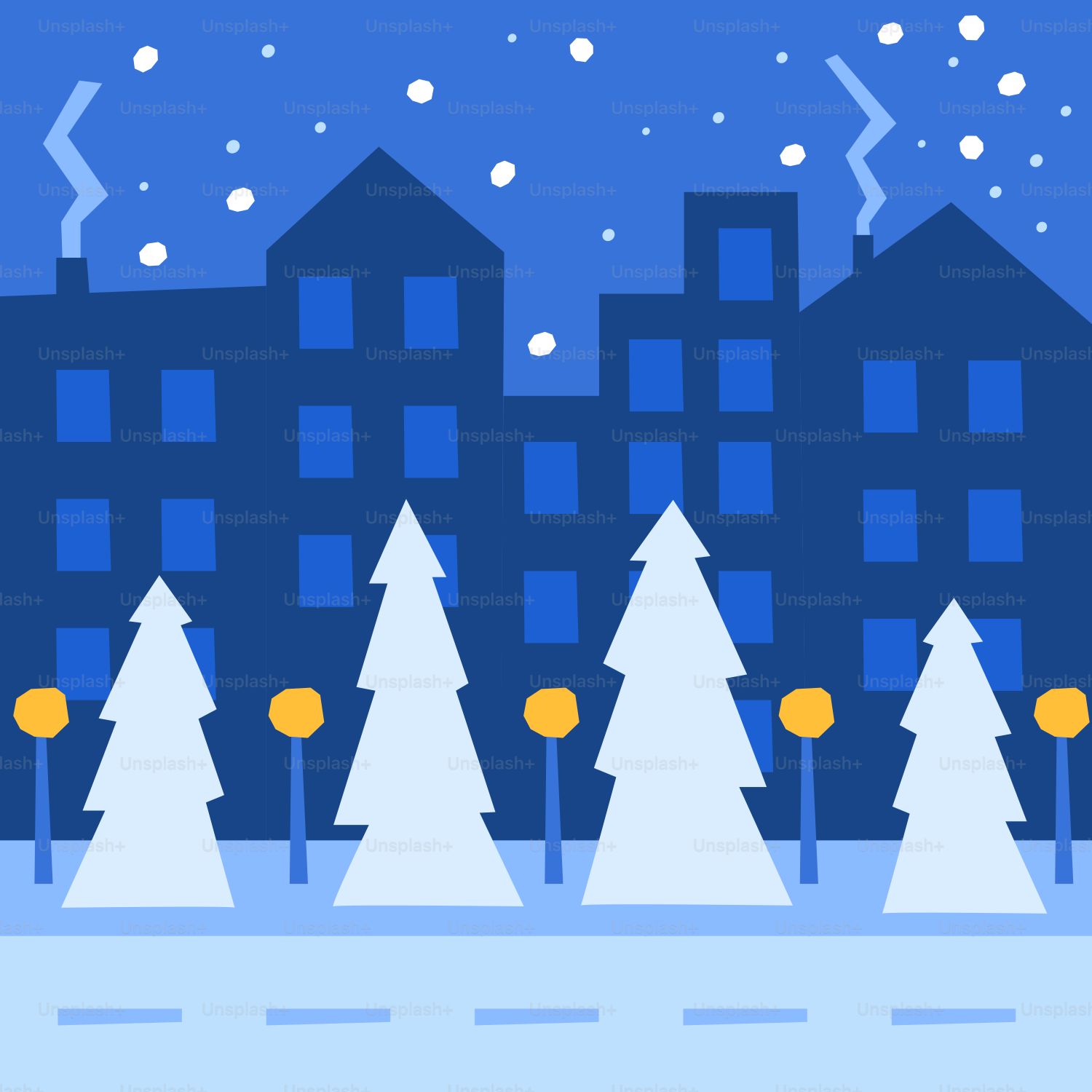 A city street with trees and buildings in the background