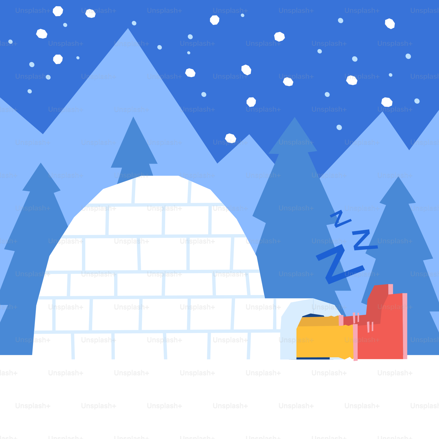 An igloose with trees and snow in the background