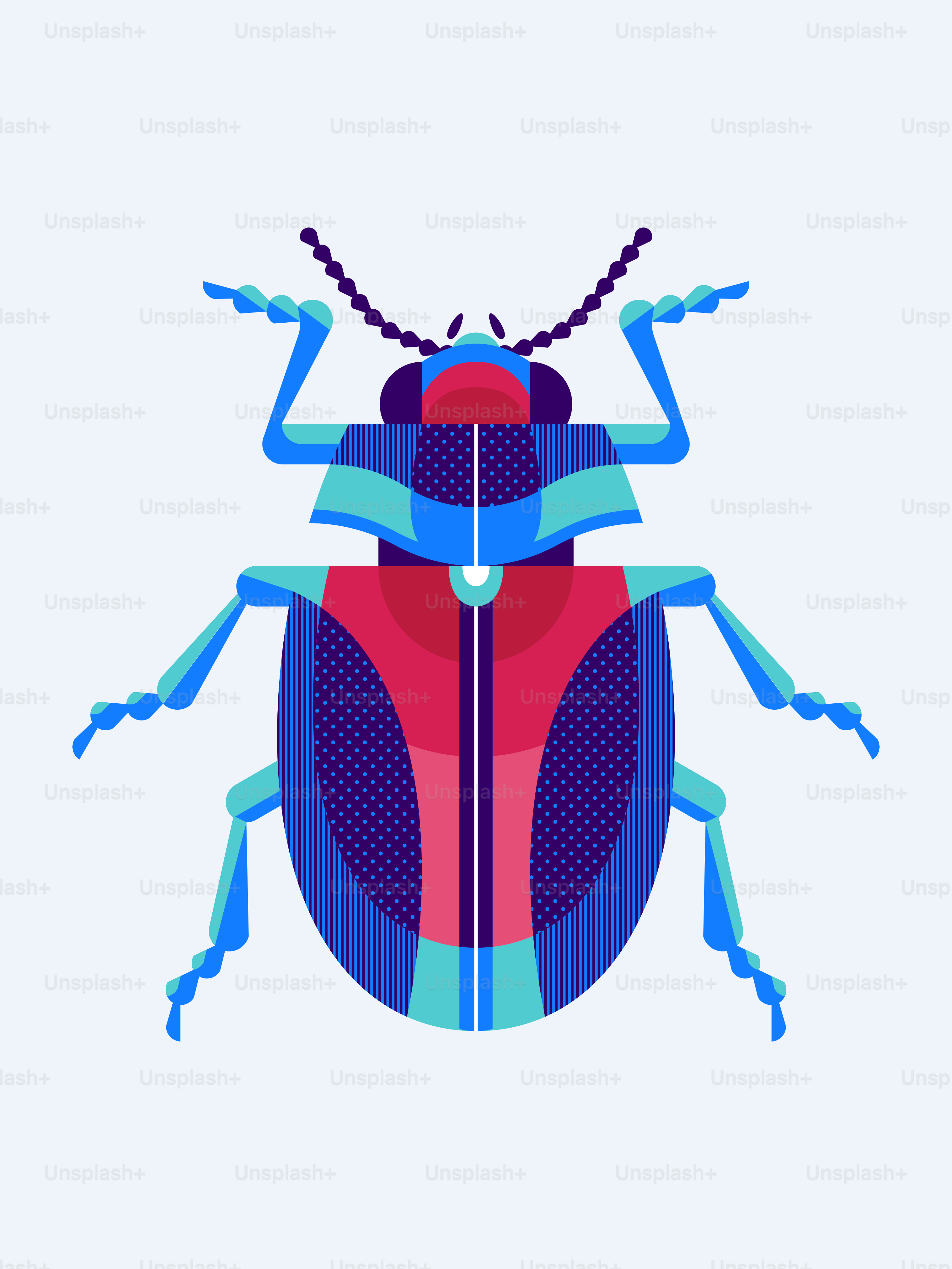 Um inseto azul e vermelho sobre fundo branco