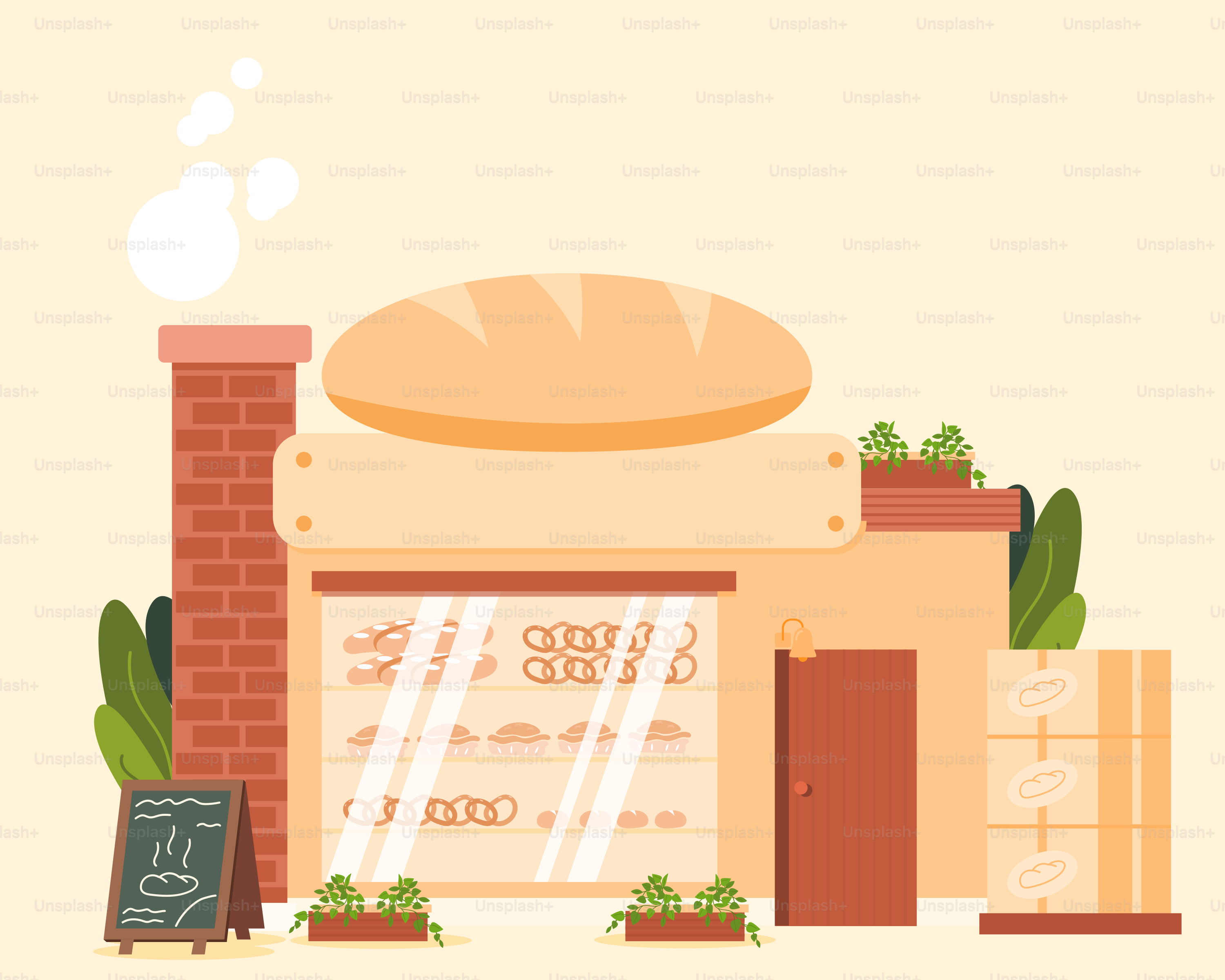 A flat design of a bakery with bread on the front