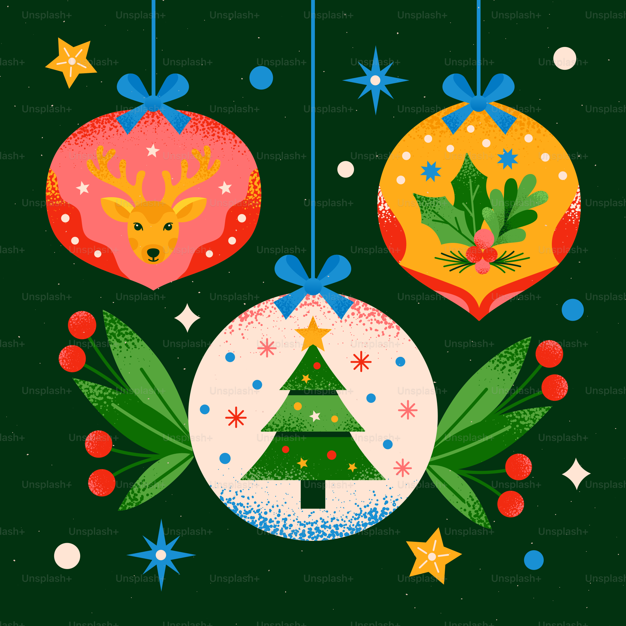 Un biglietto di Natale con decorazioni appese ai fili