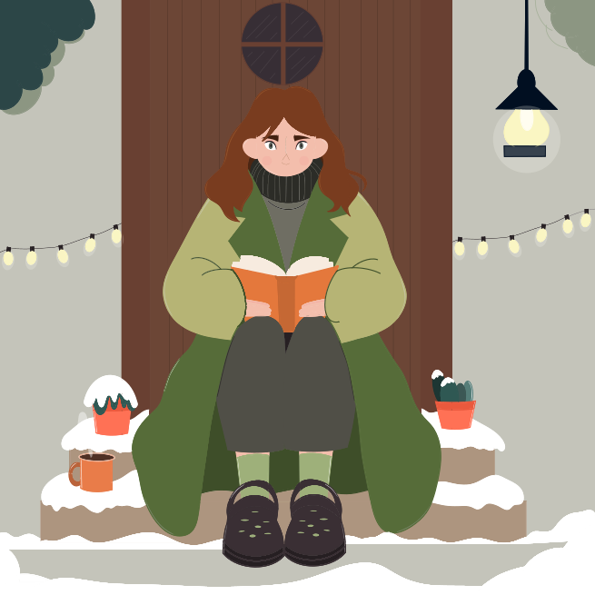 A woman sitting in front of a door reading a book