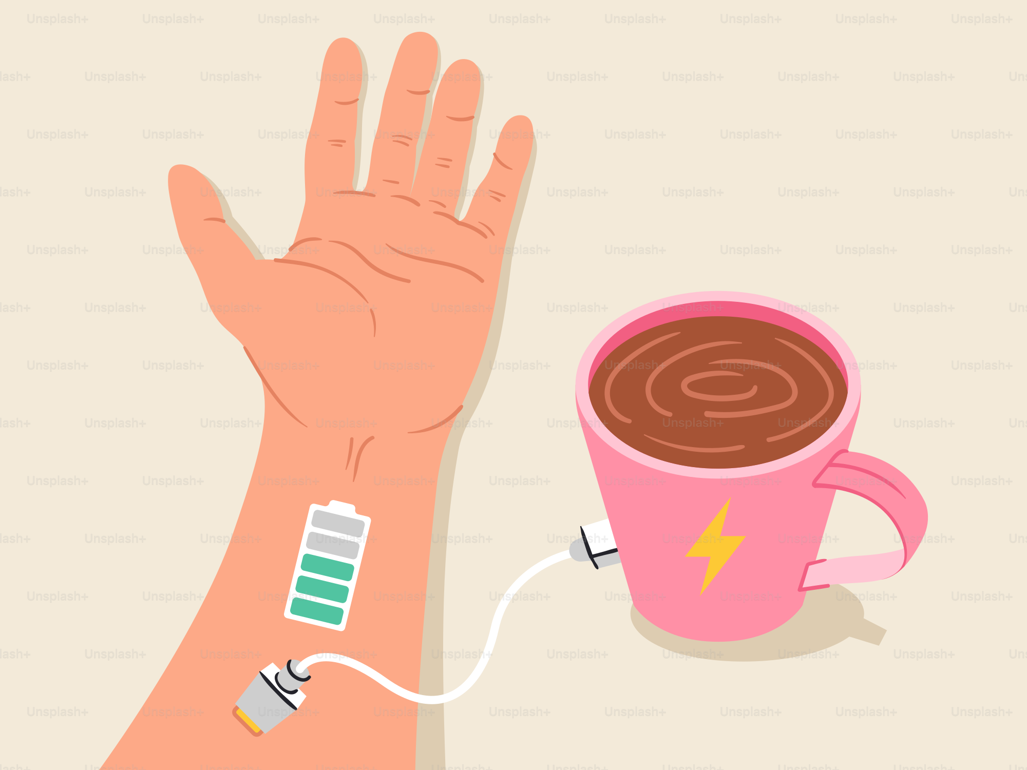 A hand holding a cup of coffee with a battery attached to it