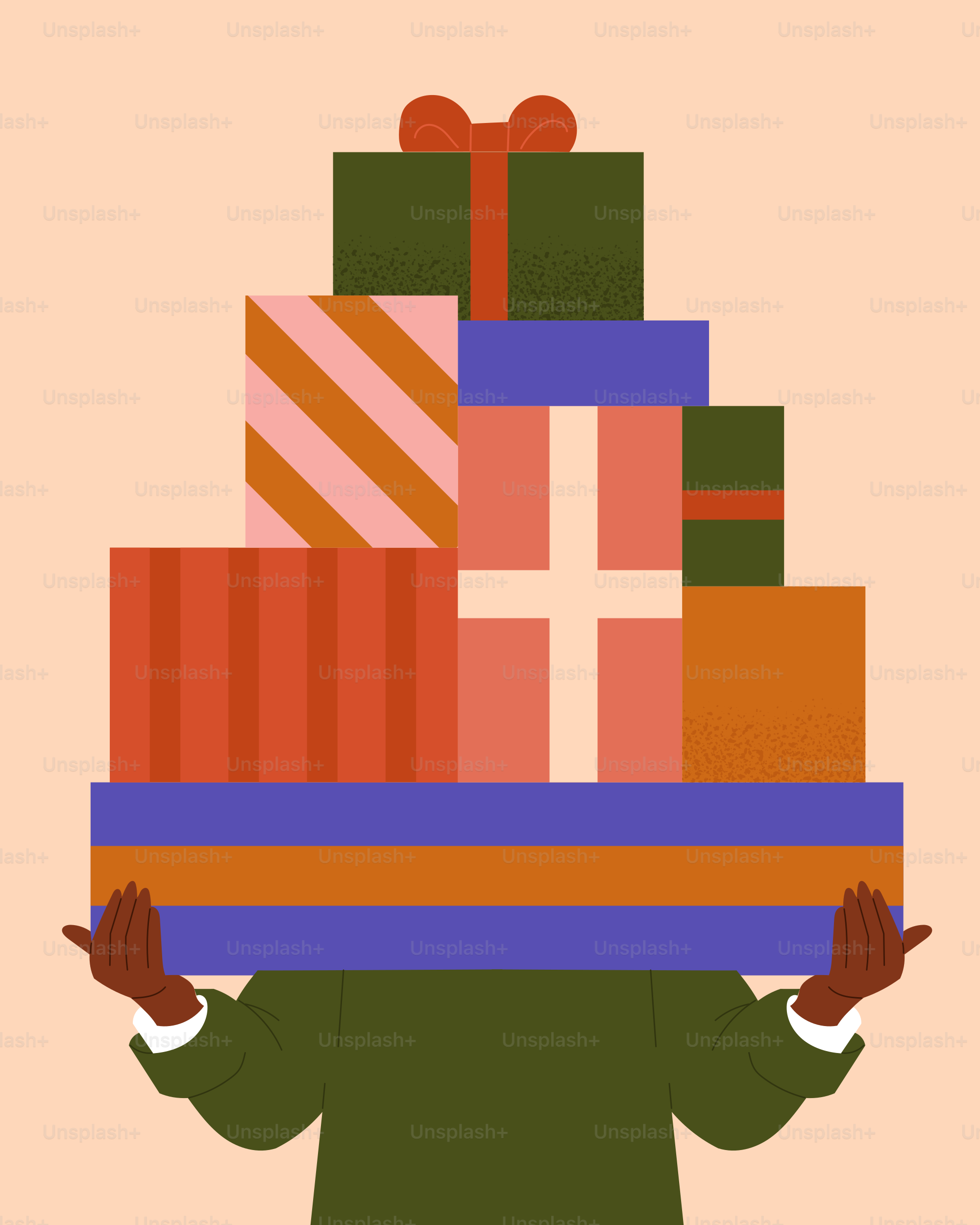 A man holding a large stack of presents on his head