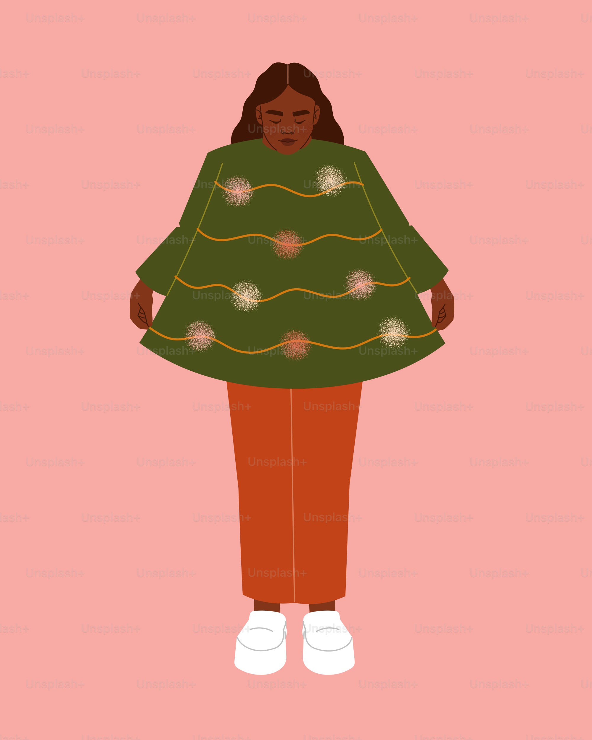 A woman in a green sweater with a christmas tree on her shoulders