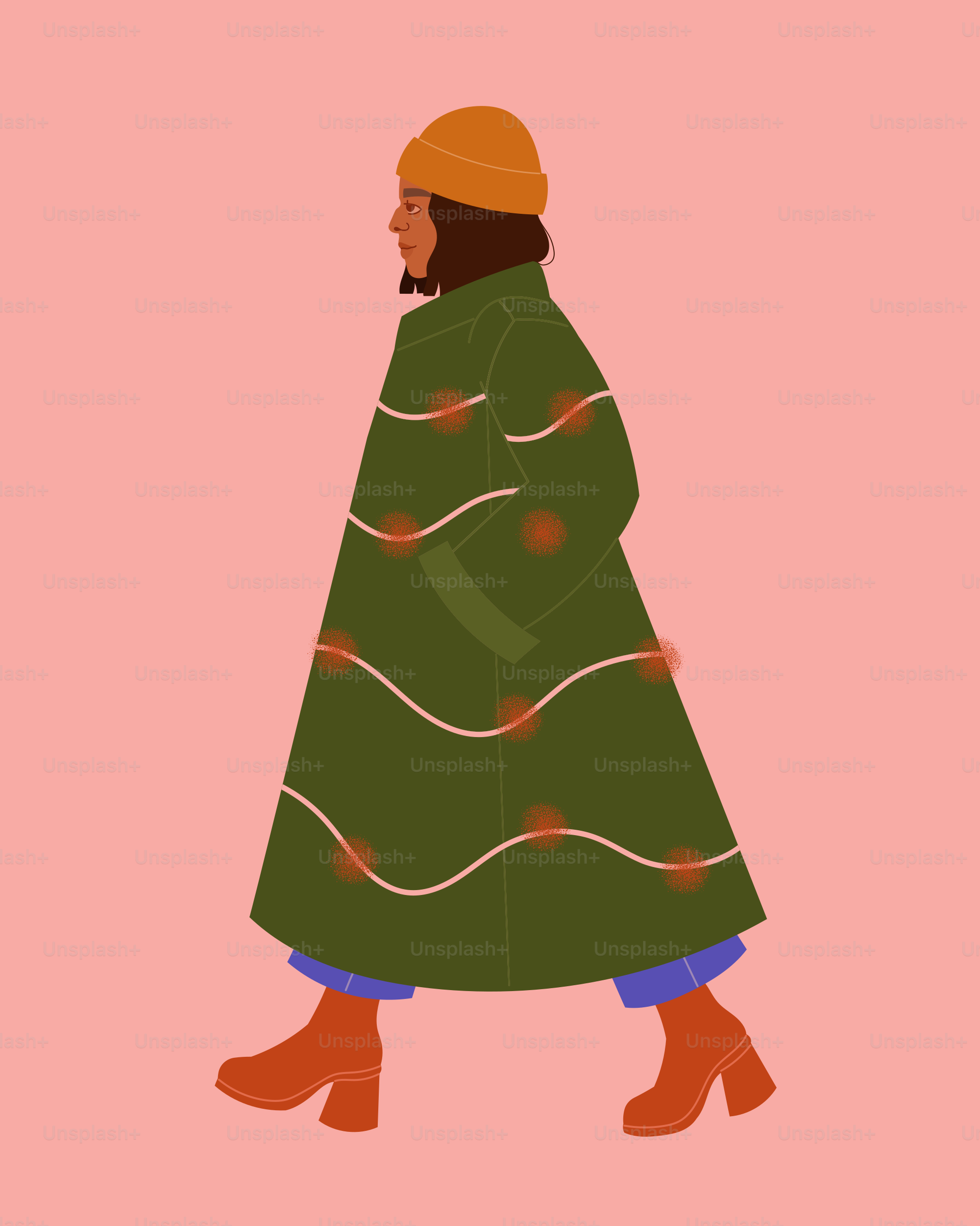 A woman in a green coat is walking