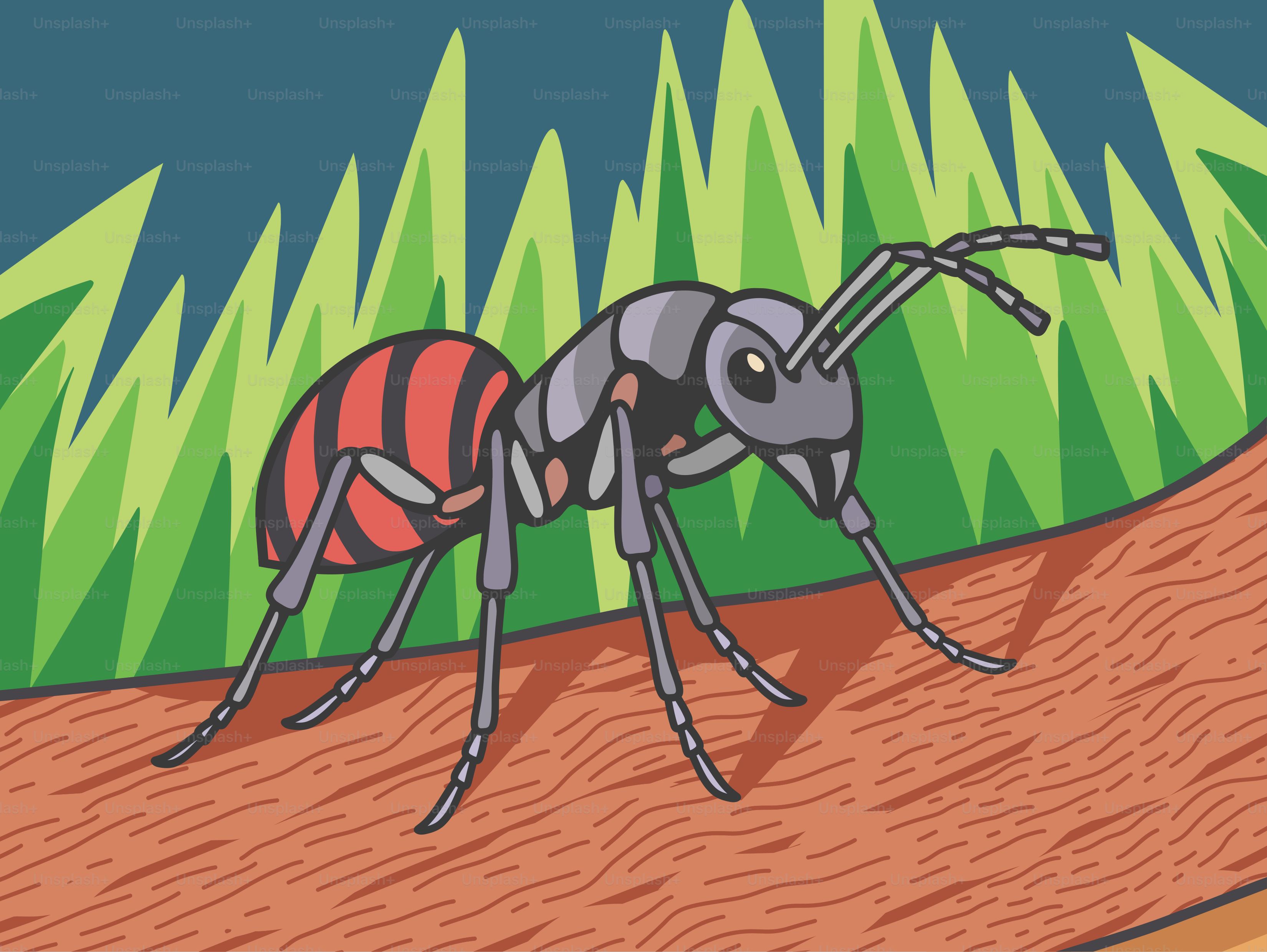 A cartoon ant crawling on a piece of wood