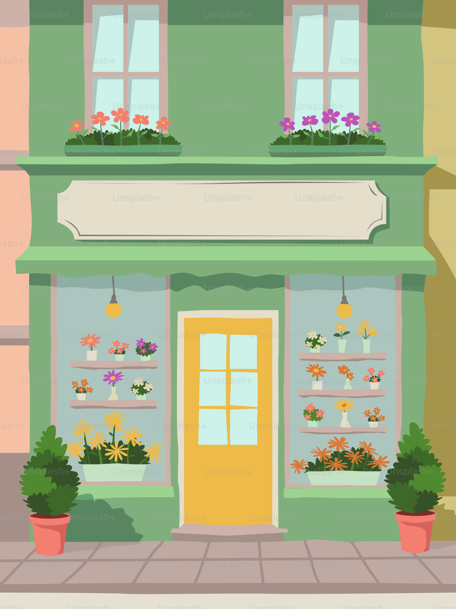 A store front with potted plants on the windows