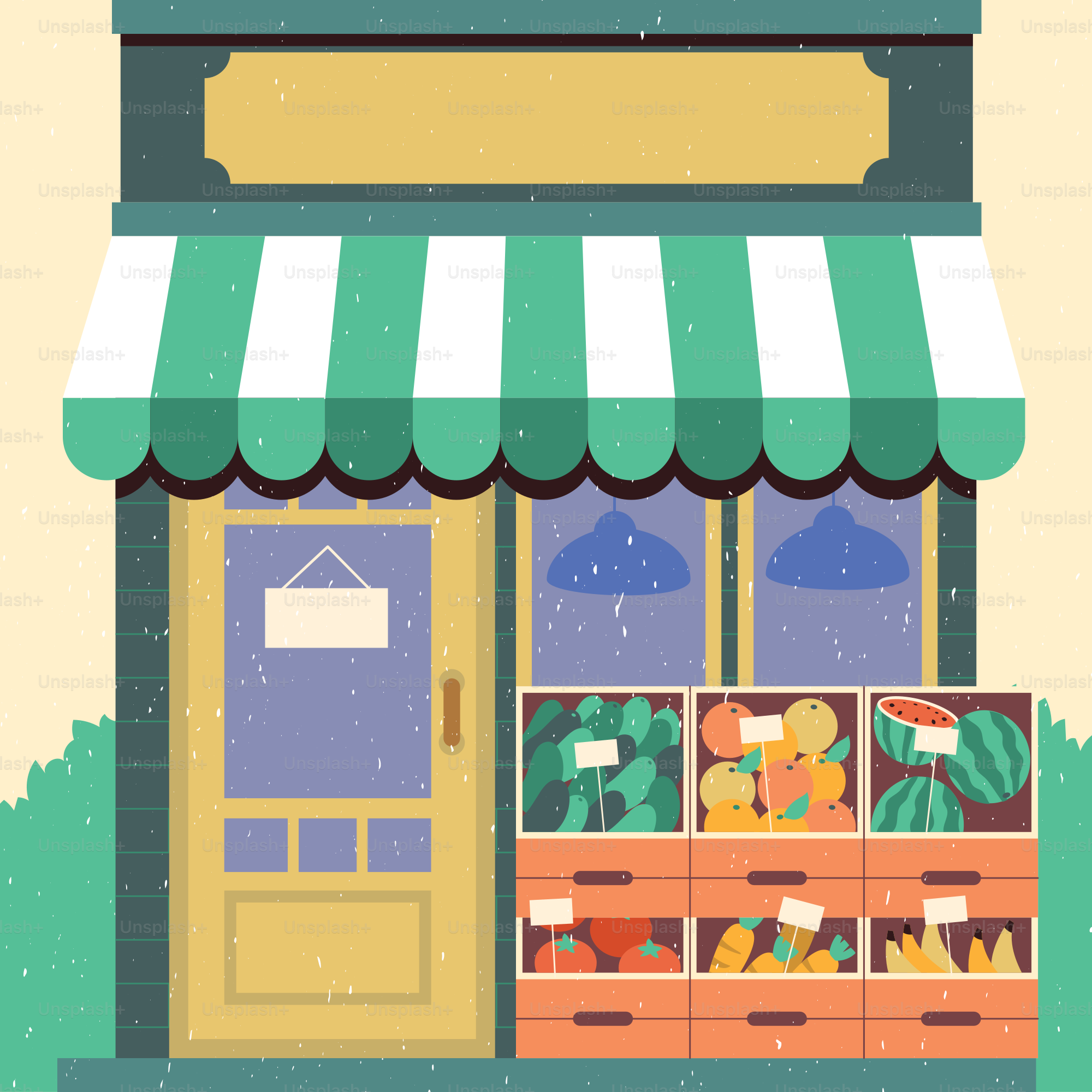 Un'illustrazione di un negozio con una tenda verde