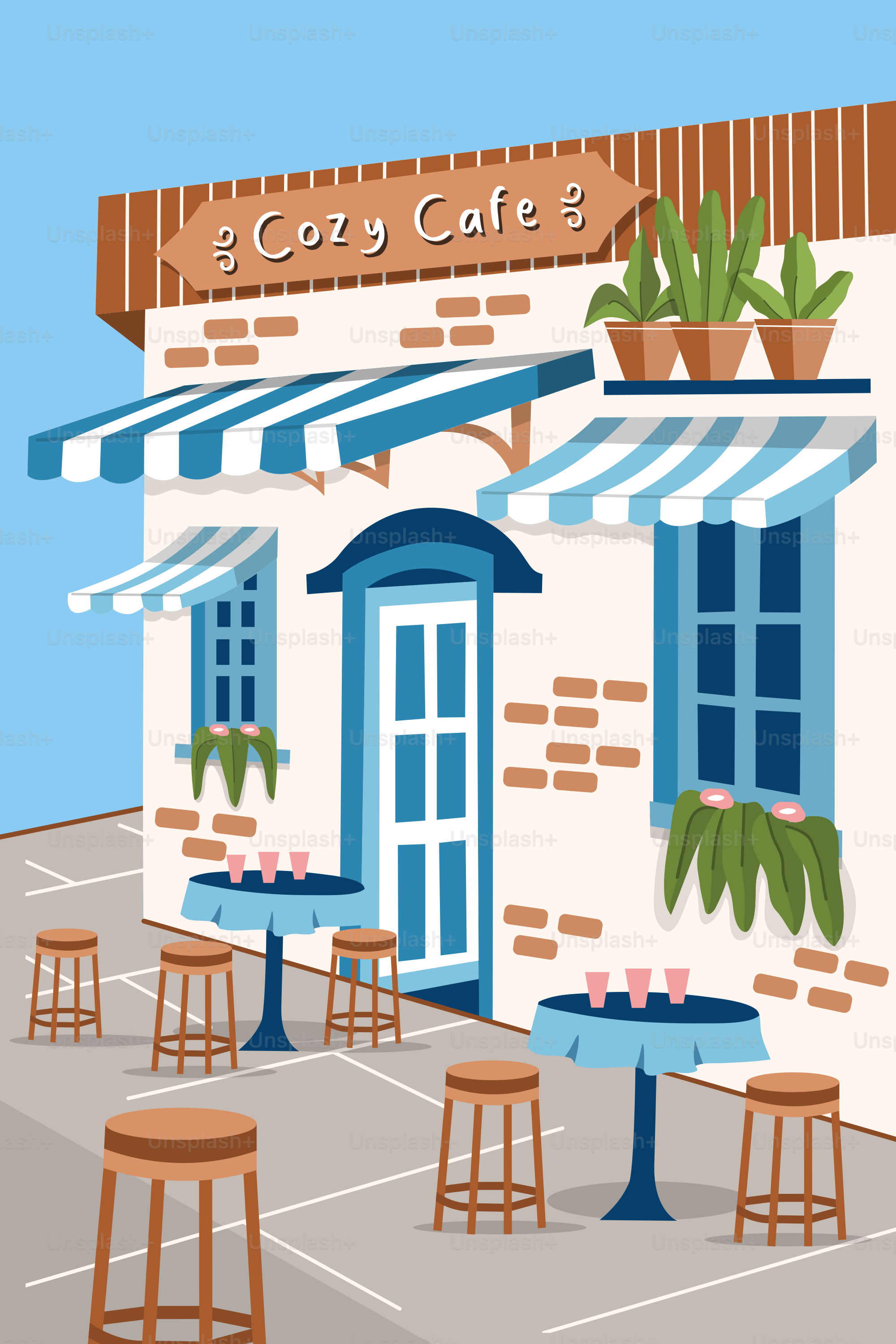 A cartoon of a restaurant with blue and white awnings