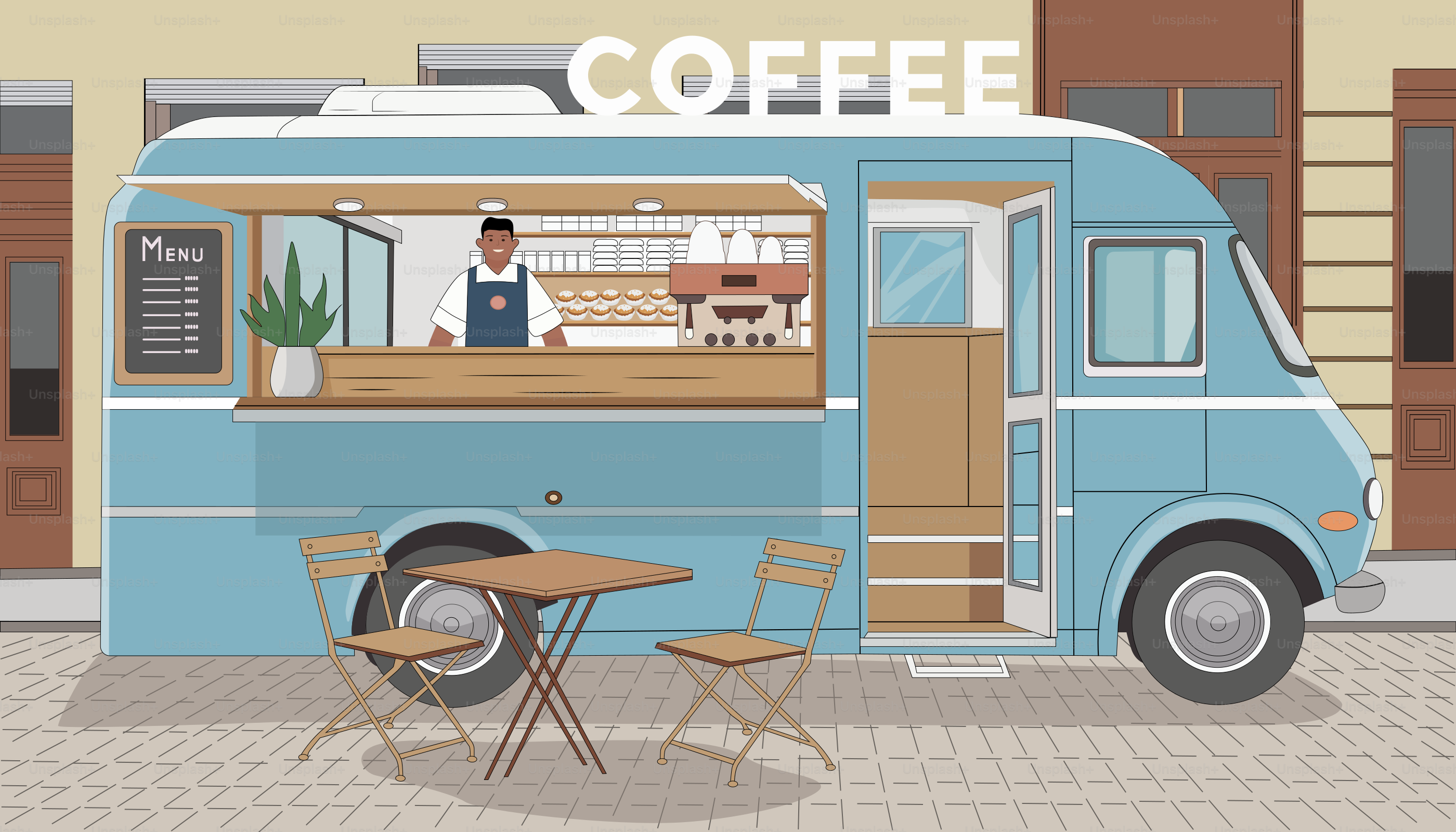 A blue food truck parked in front of a building