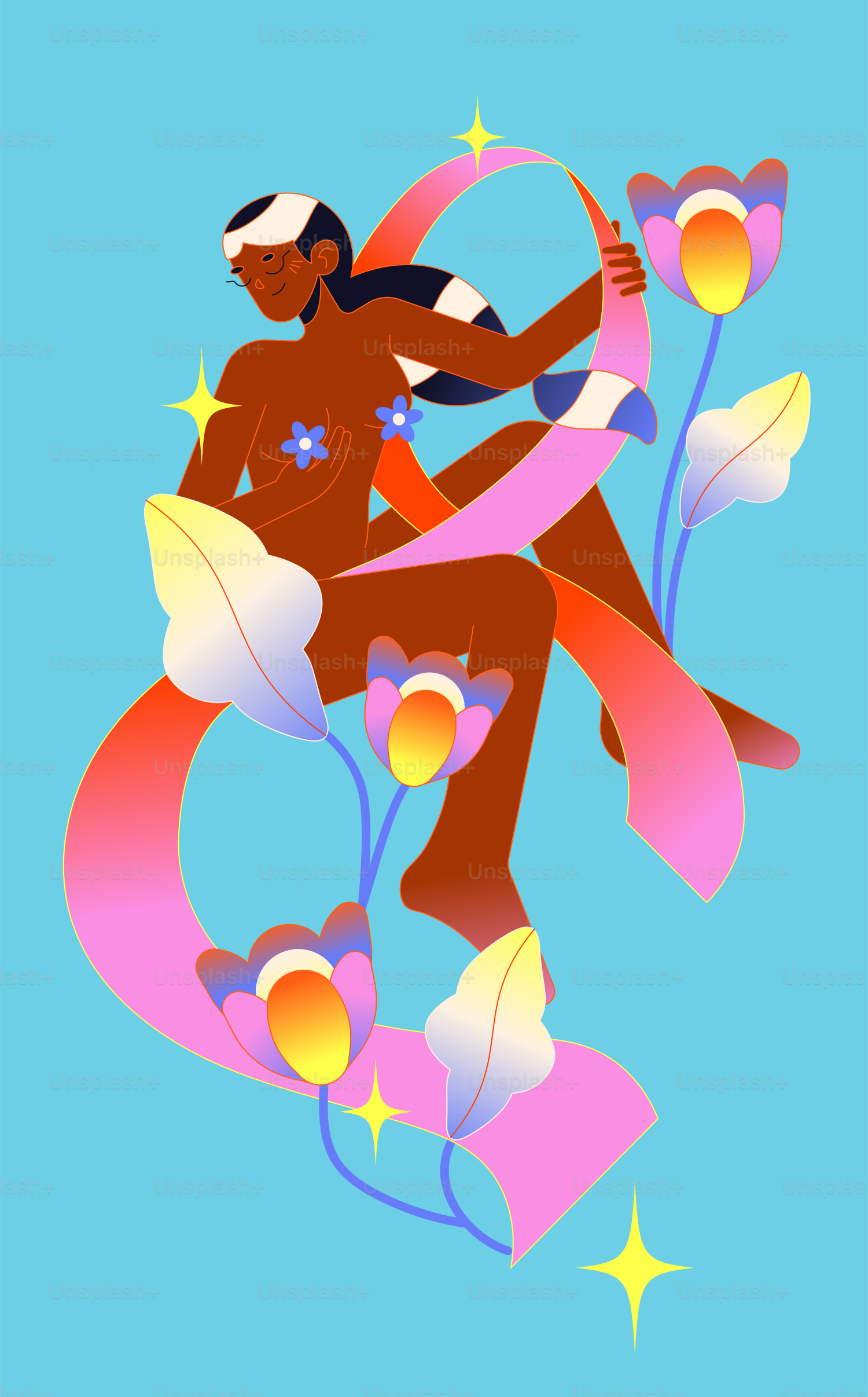 A woman sitting on top of a pink ribbon