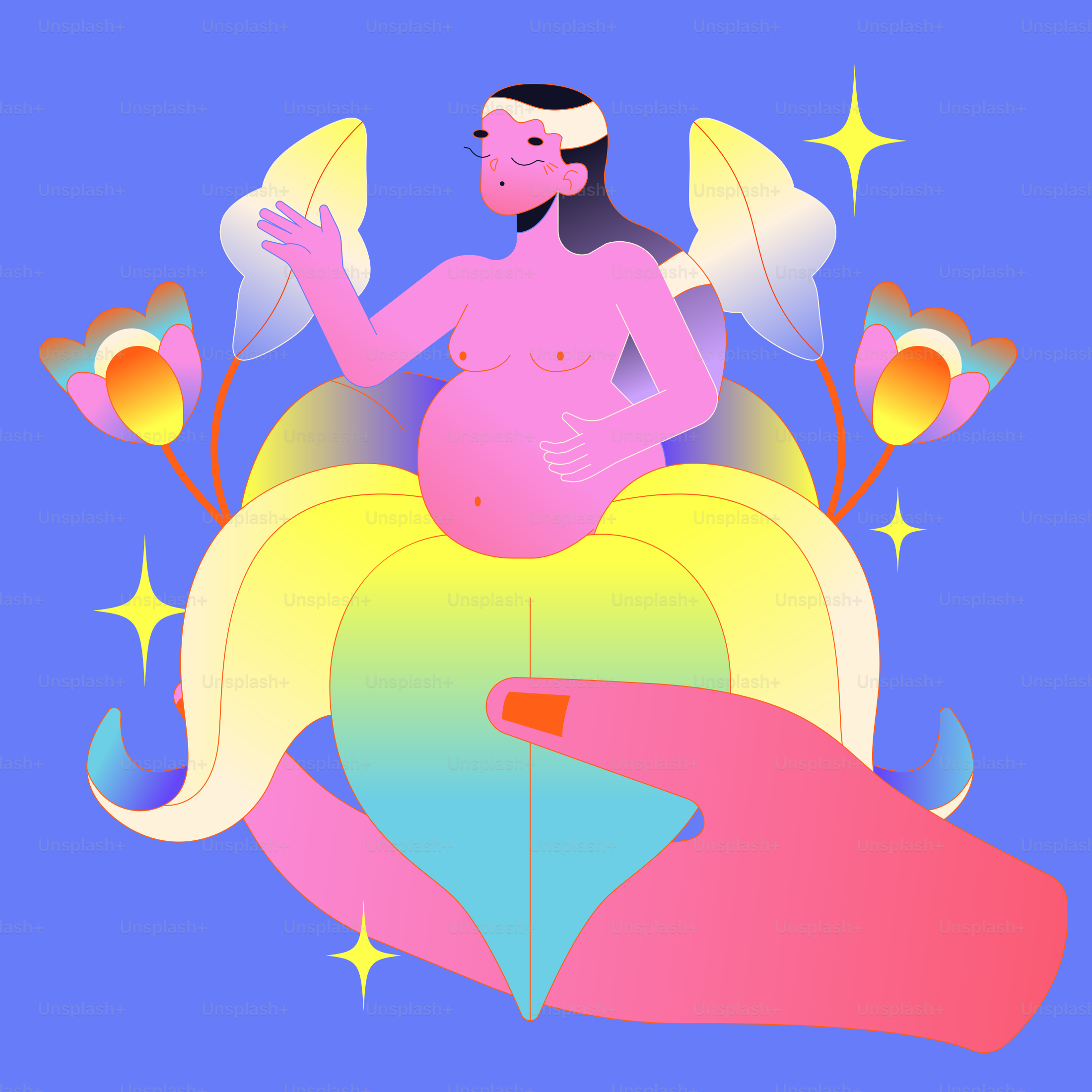 A hand is holding a pregnant woman's belly