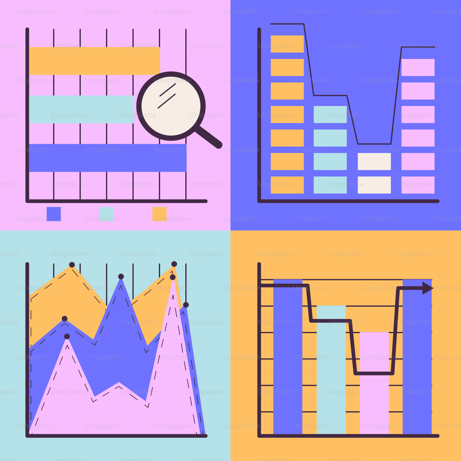 Un conjunto de cuatro gráficos diferentes con lupa
