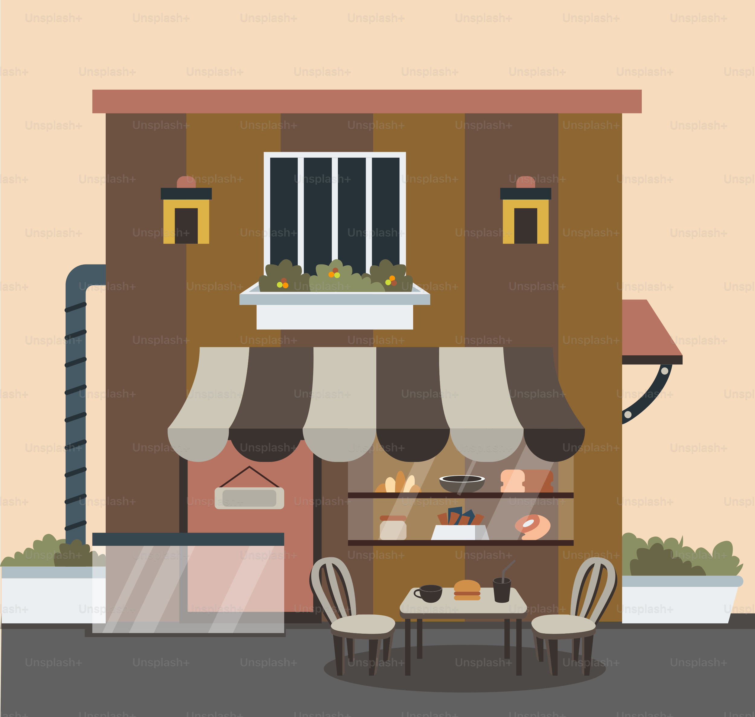 A flat design of a coffee shop with chairs and a table