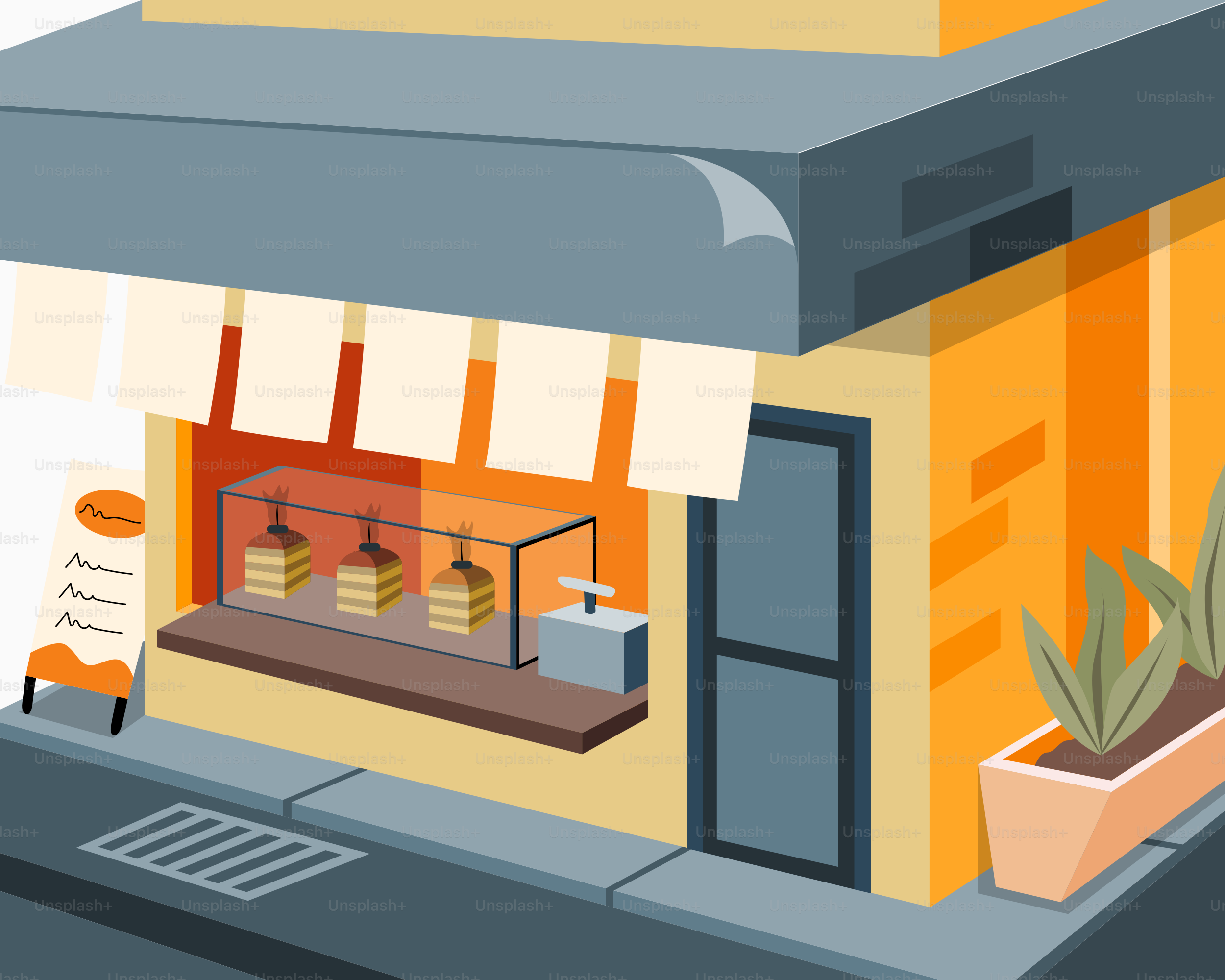 An illustration of a store front with a plant in front of it