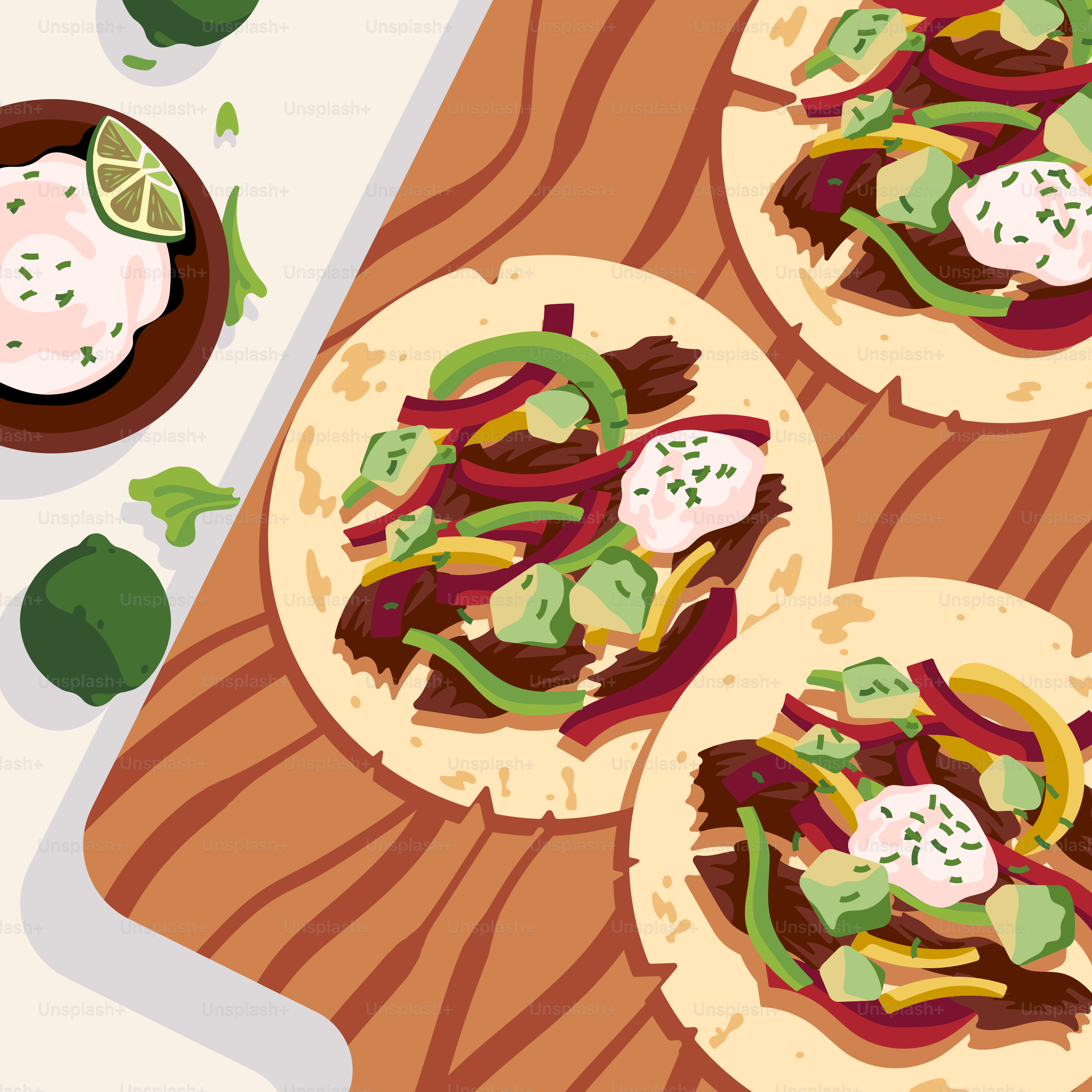 A wooden cutting board topped with tacos covered in toppings