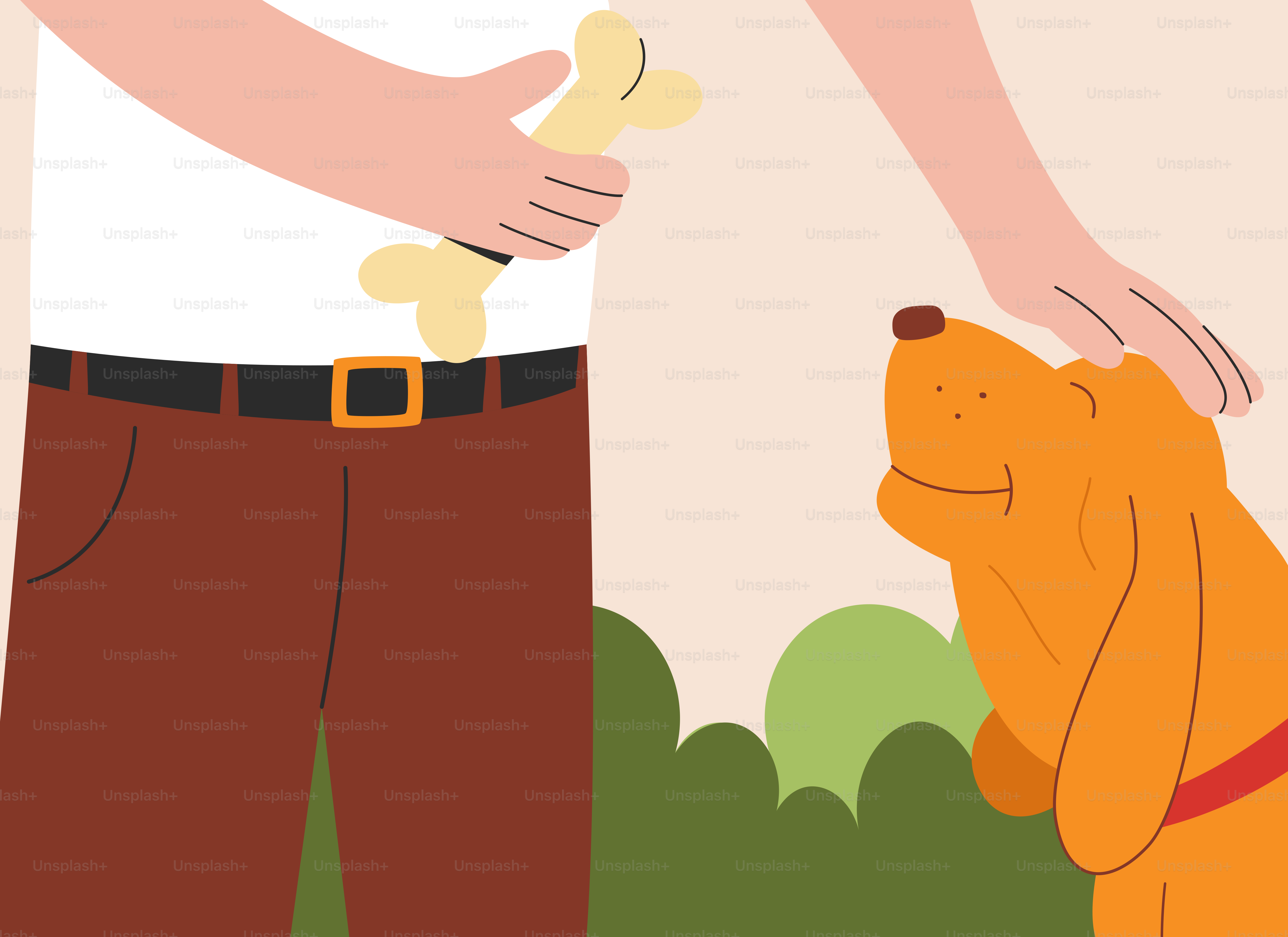 Un hombre de pie junto a un perro con un hueso en la boca