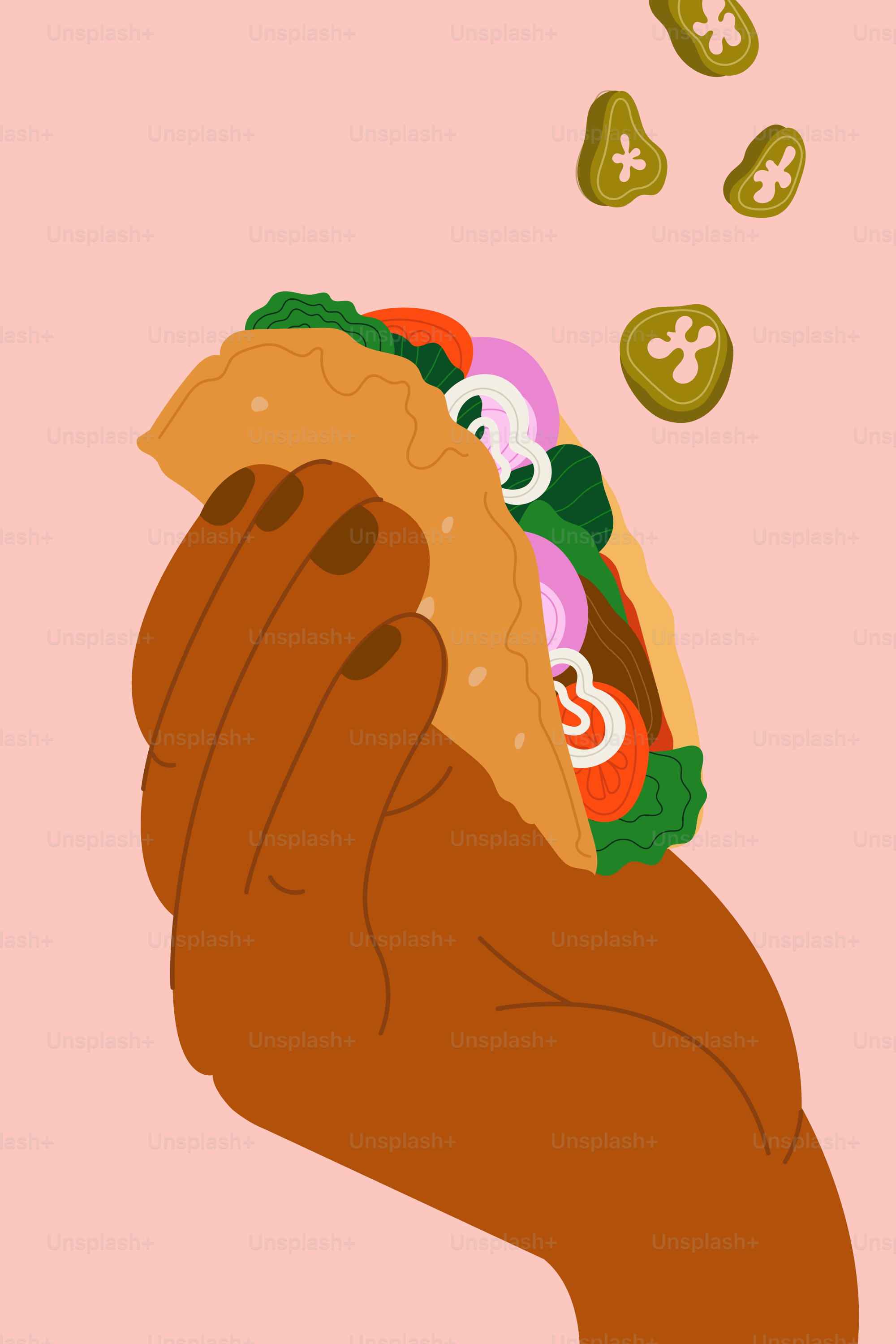 토핑이 많이 나오는 타코를 들고 있는 손