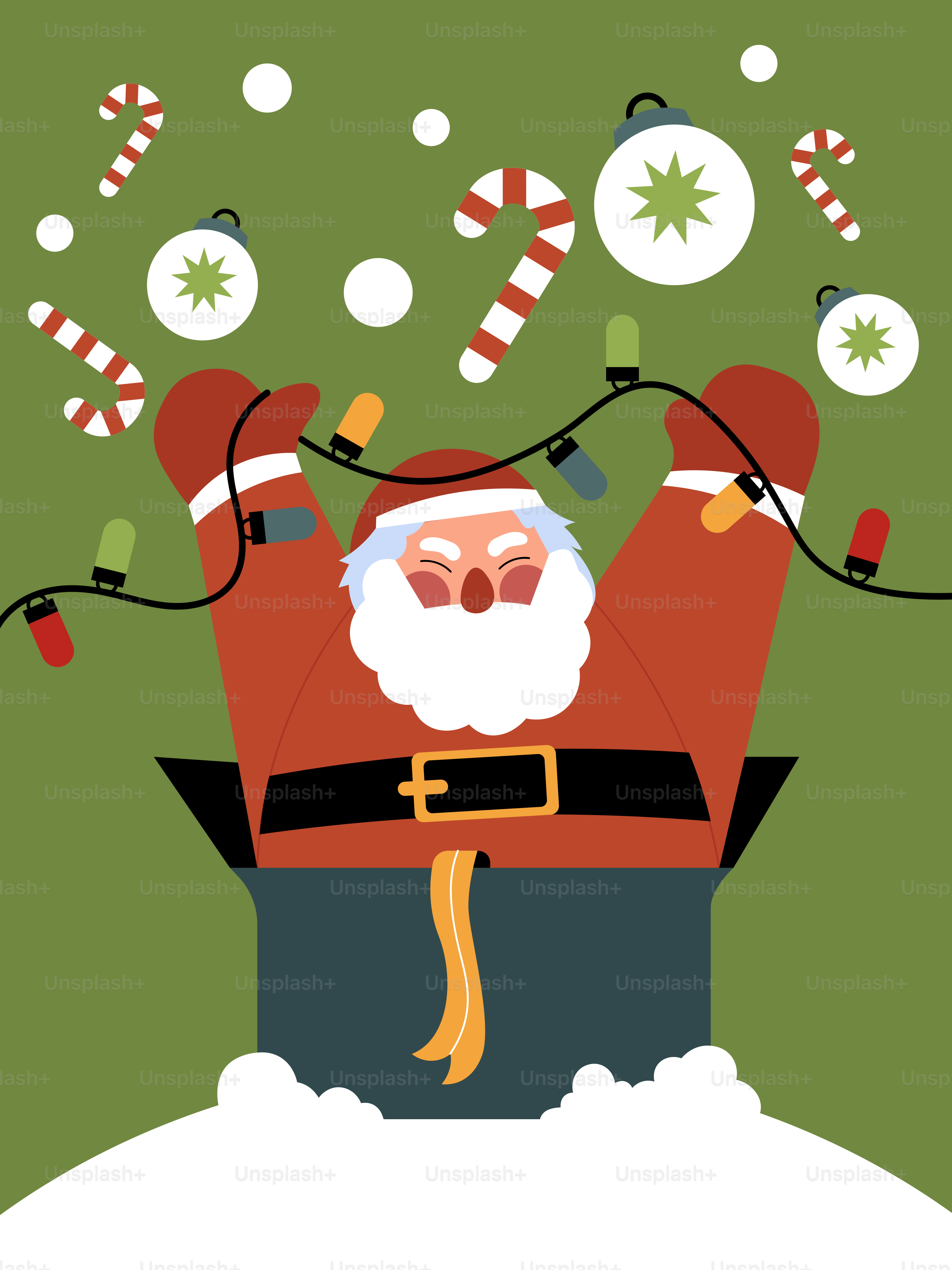 A christmas card with a santa clause and candy canes