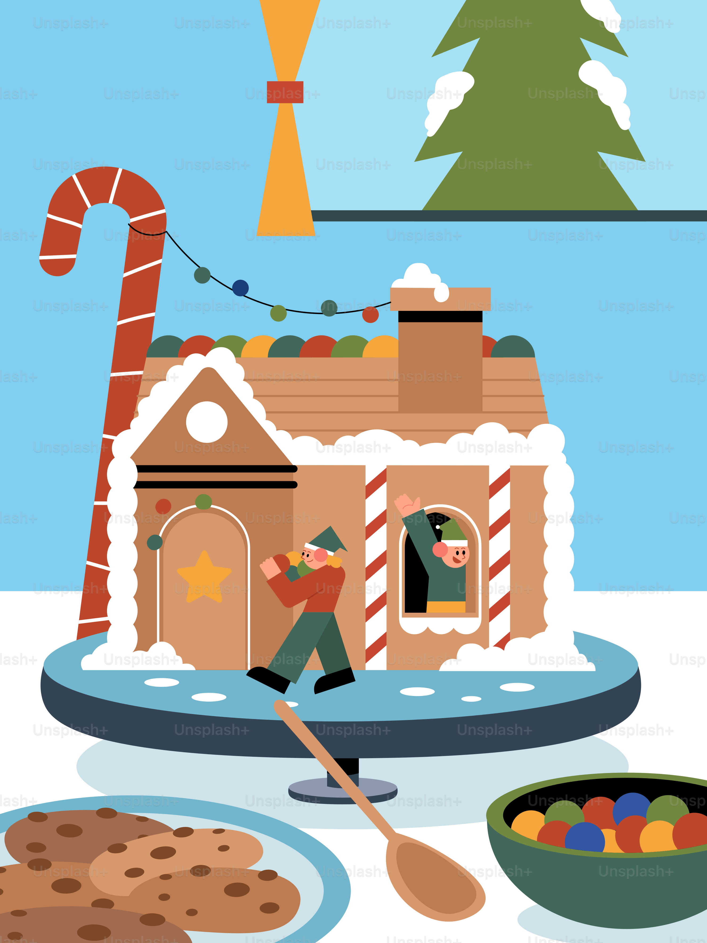 A christmas scene with a gingerbread house and a bowl of candy