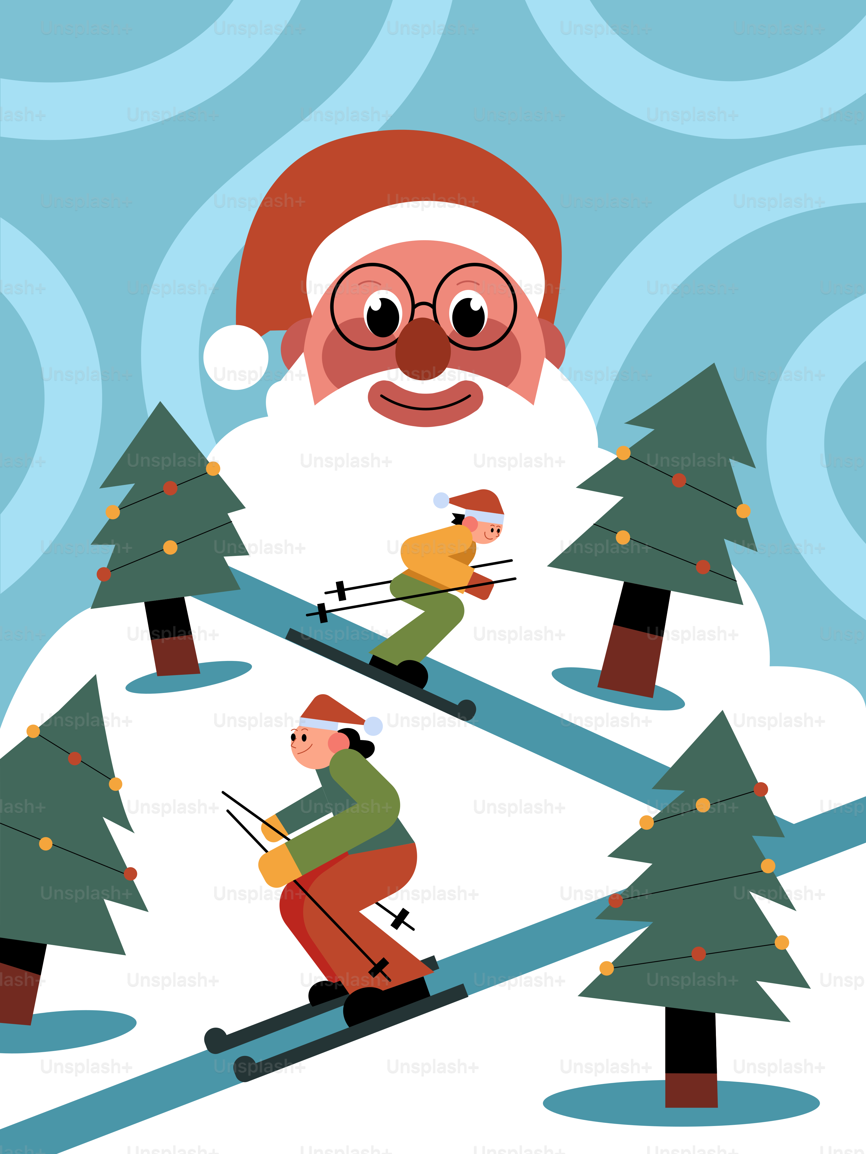 A santa claus skiing down a hill with trees