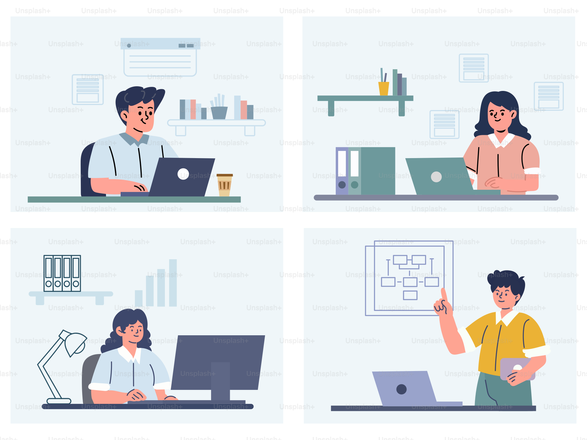 A man and a woman sitting at a table working on laptops