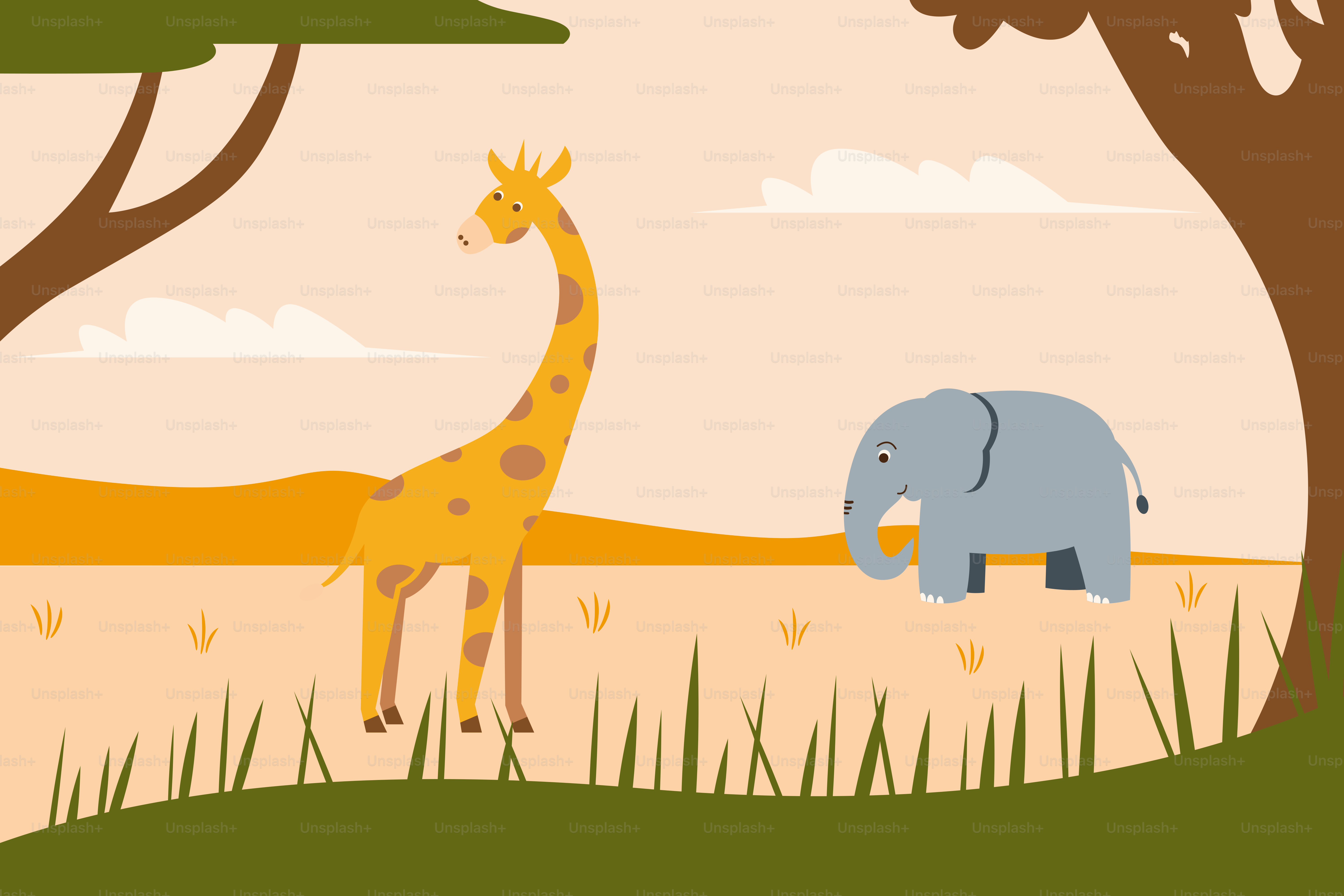 A giraffe and an elephant standing in a field