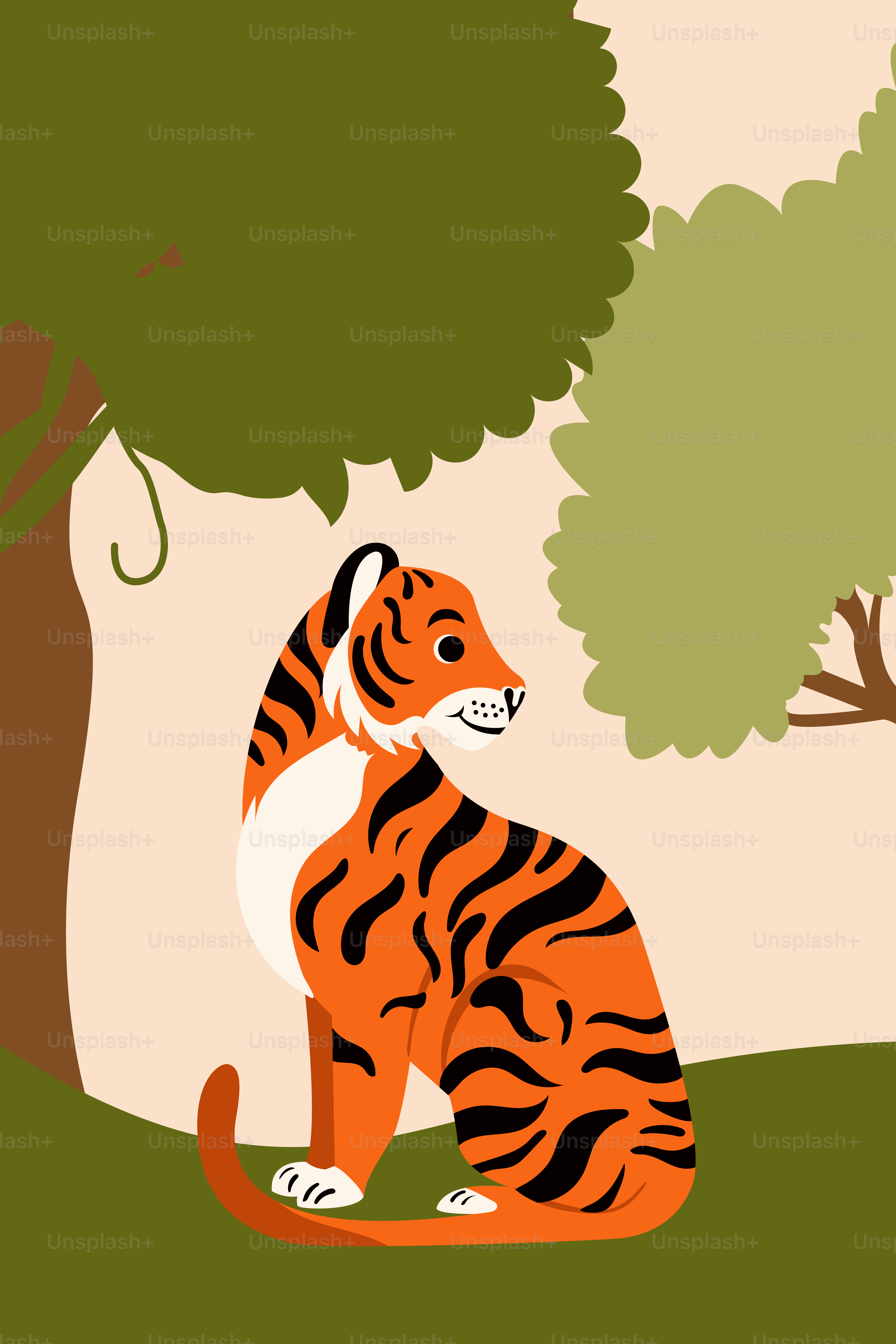 A tiger sitting in the middle of a forest
